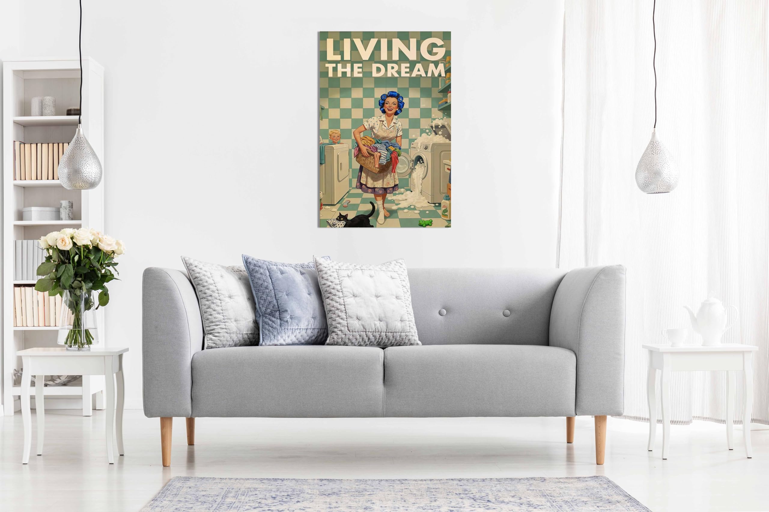 Retro Laundry Print Zabawny plakat z lat 50., humorystyczna sztuka ścienna, Living The Dream, oprawiony druk na płótnie, obrazy na ściany domu, sypialni, salonu i łazienki, dekoracja 91 x 61 cm (36 x