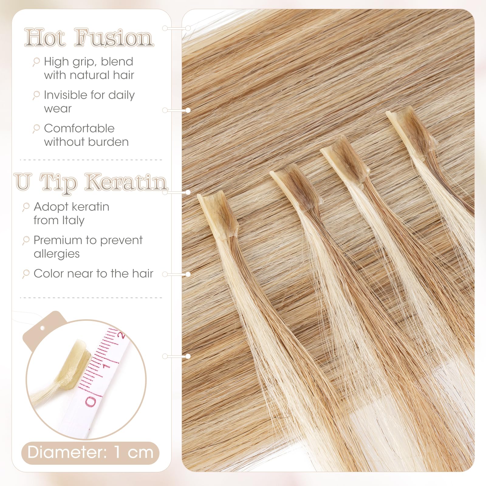 Elailite Extensions Echthaar Bonding 1g/s 45cm #12P613 Weissbraun/Hellblond U Tip Hair Extensions Haarverlängerung Keratin 100 Strähne 100g