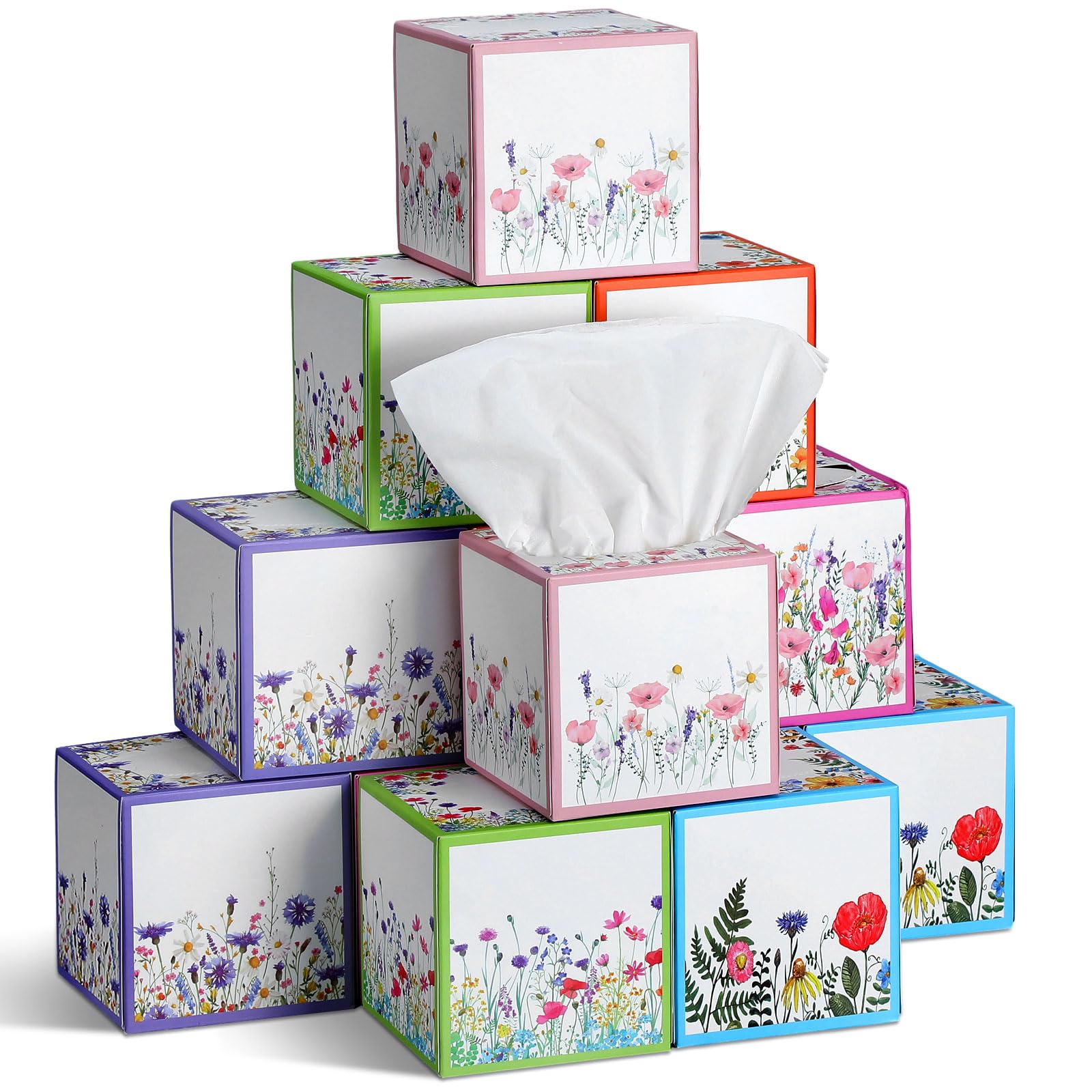 Fourluoo 12 Pcs Wildflower Floral Facial Tissues Cube Boxes 600 Sheet 3 Ply