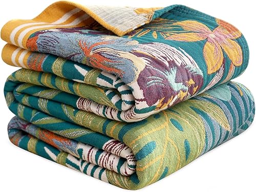 Miniatura 25 de MSGKV - Manta bohemia para sofá con hojas de algodón 50 x 60 pulgadas, mantas para sofá, silla, muselina transpirable, ligera, mantas de estilo