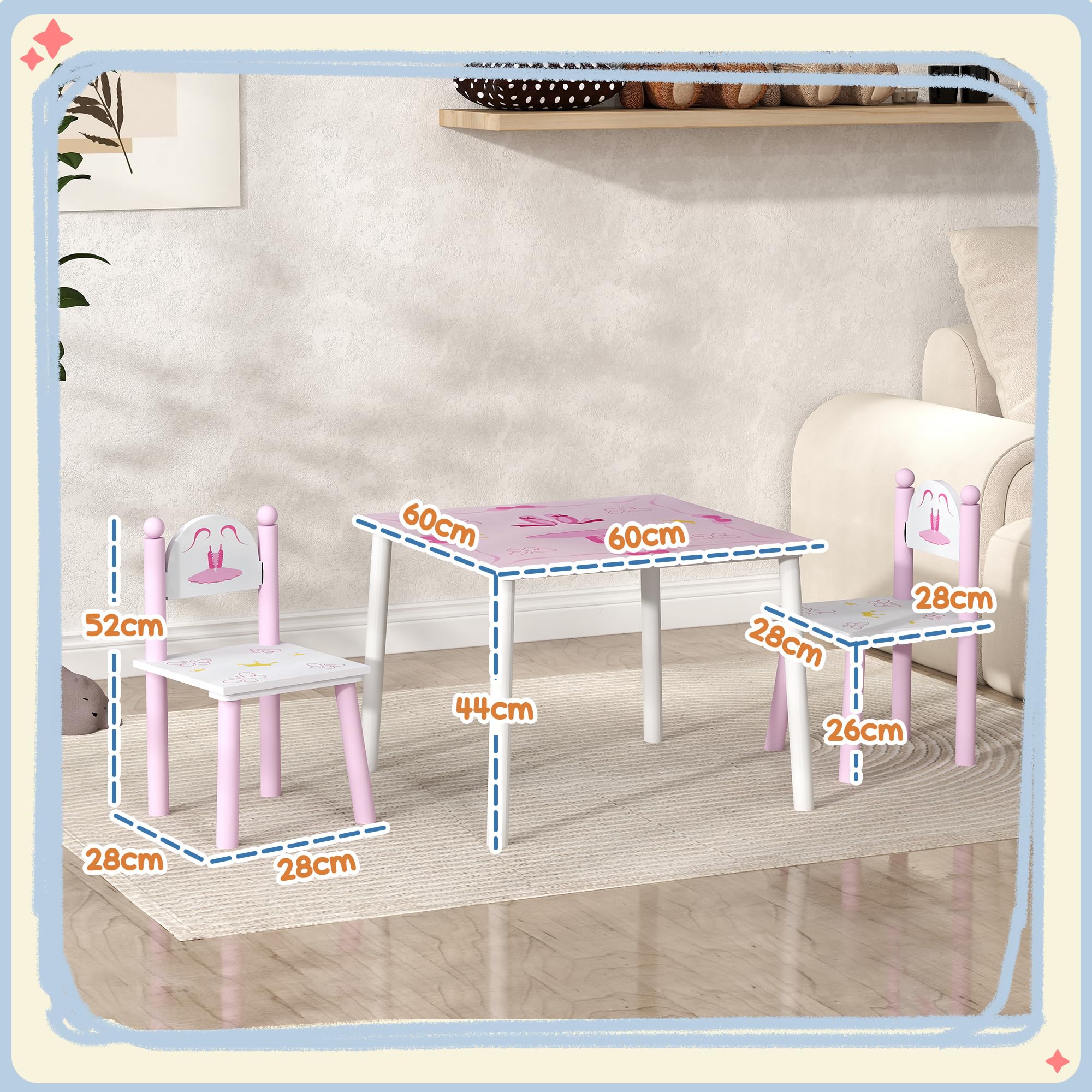 AIYAPLAY Tavolo e sedie per bambini 3 pezzi stile principessa Rosa e bianco