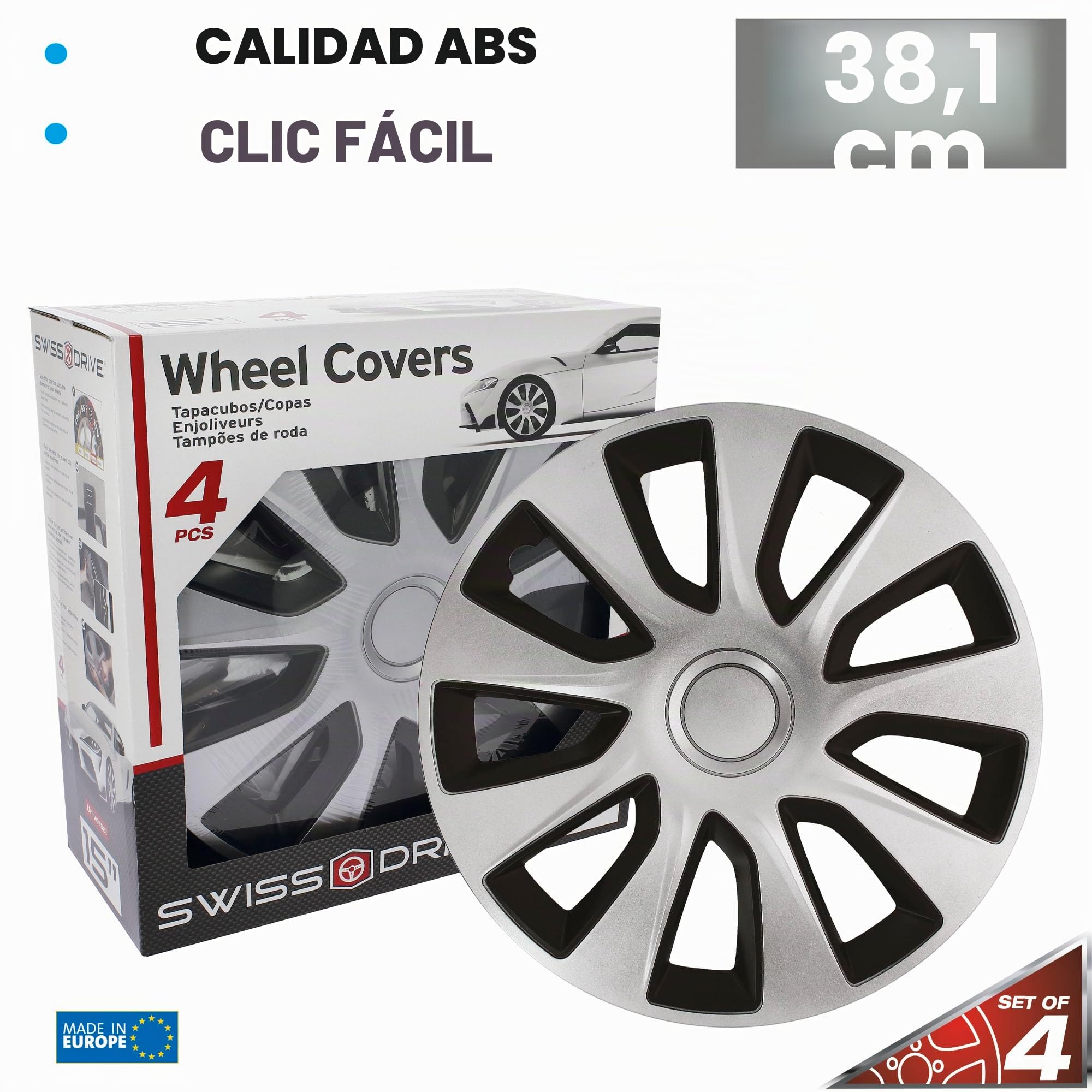 S SUMEX Juego de 4 Tapacubos de 15 Pulgadas Diseño Washington, Acabado Cromado y ABS Resistente a Fuertes Impactos, Duradero y Fiable con Anillo de sujeción Ajustable