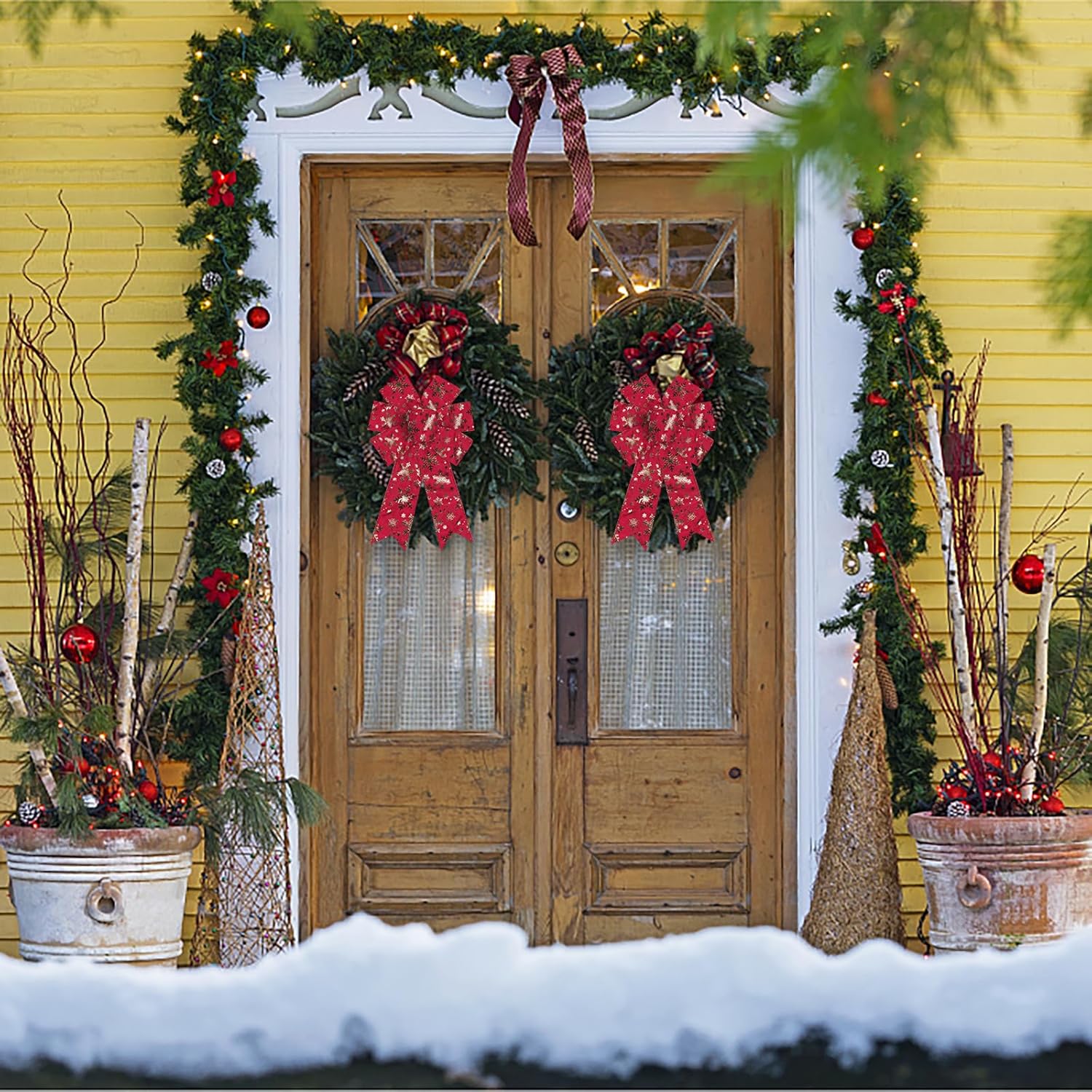 2 Pieces Christmas Bows for Wreath, Merry Christmas Wreath Bows Red Velvet Bows Xmas Snowflake Craft Bows Ornaments Winter Tree Bows for Front Door Christmas New Year Decorations - Image 3
