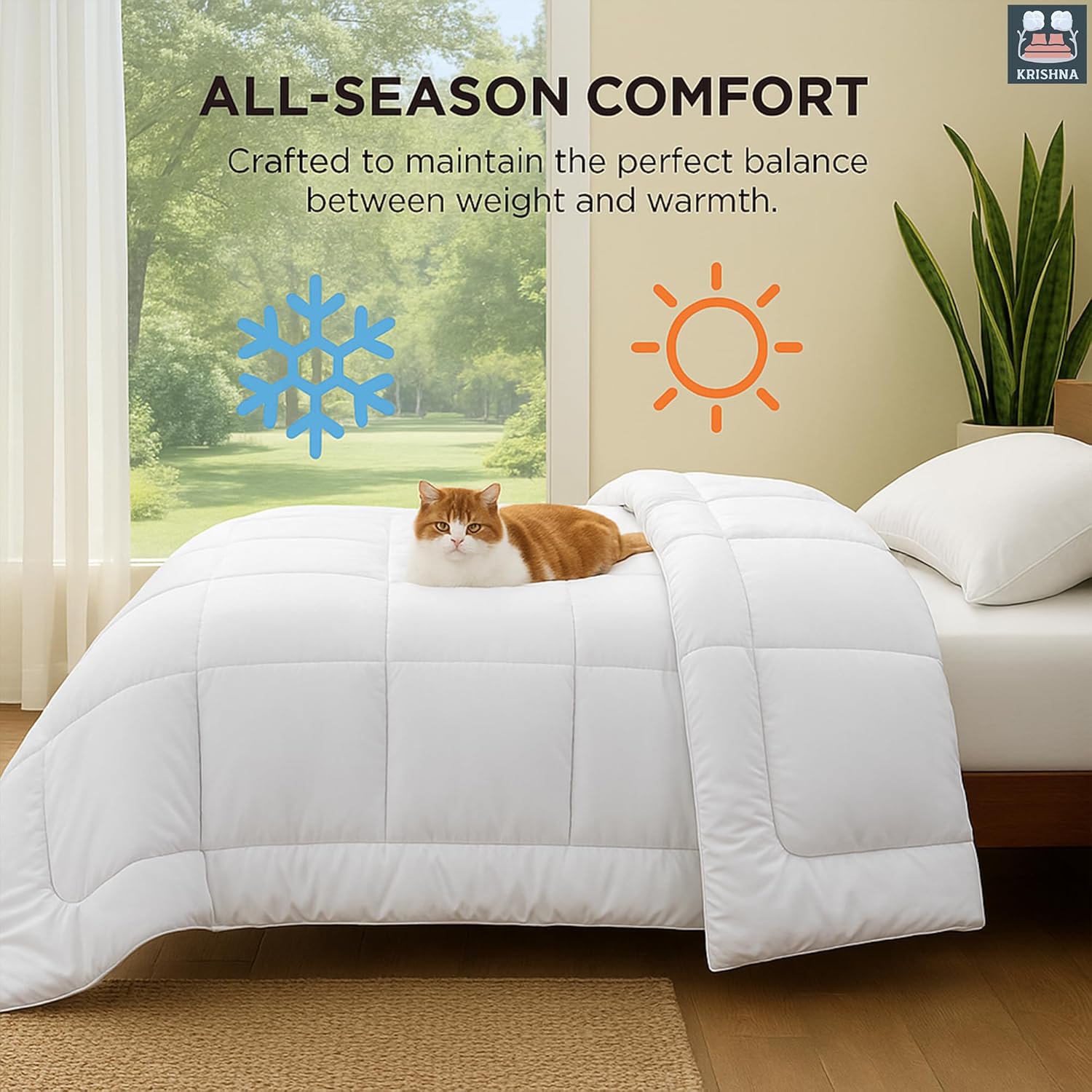 KRISHNA All Season Down Alternative Comforter Duvet Insert with Corner Loops, Ultra Soft Fluffy, Breathable, Box Stitched, Queen 90" x 92", White