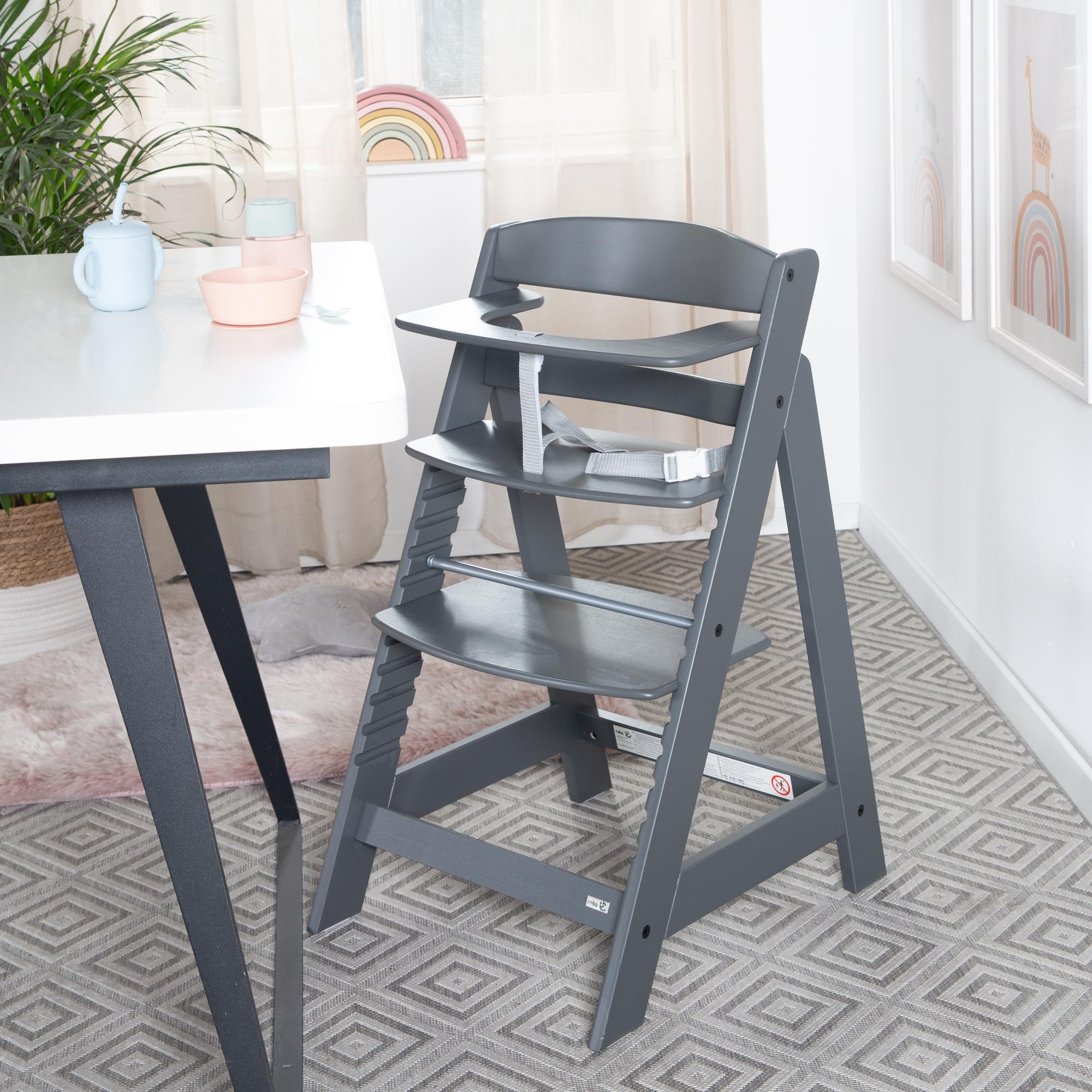 roba Babyhochstuhl Sit Up Flex - Mitwachsender Hochstuhl aus Holz - Verstellbarer Kinderhochstuhl mit Schrittgurt - ab 6 Monaten bis 70 kg - Anthrazit