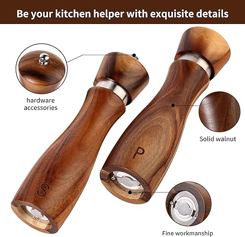 Miniatura 2 de Vicenza Home Juego de molinillo de sal y pimienta de cocina, juego de molinos de sal y pimienta de madera, hecho de madera de acacia maciza con