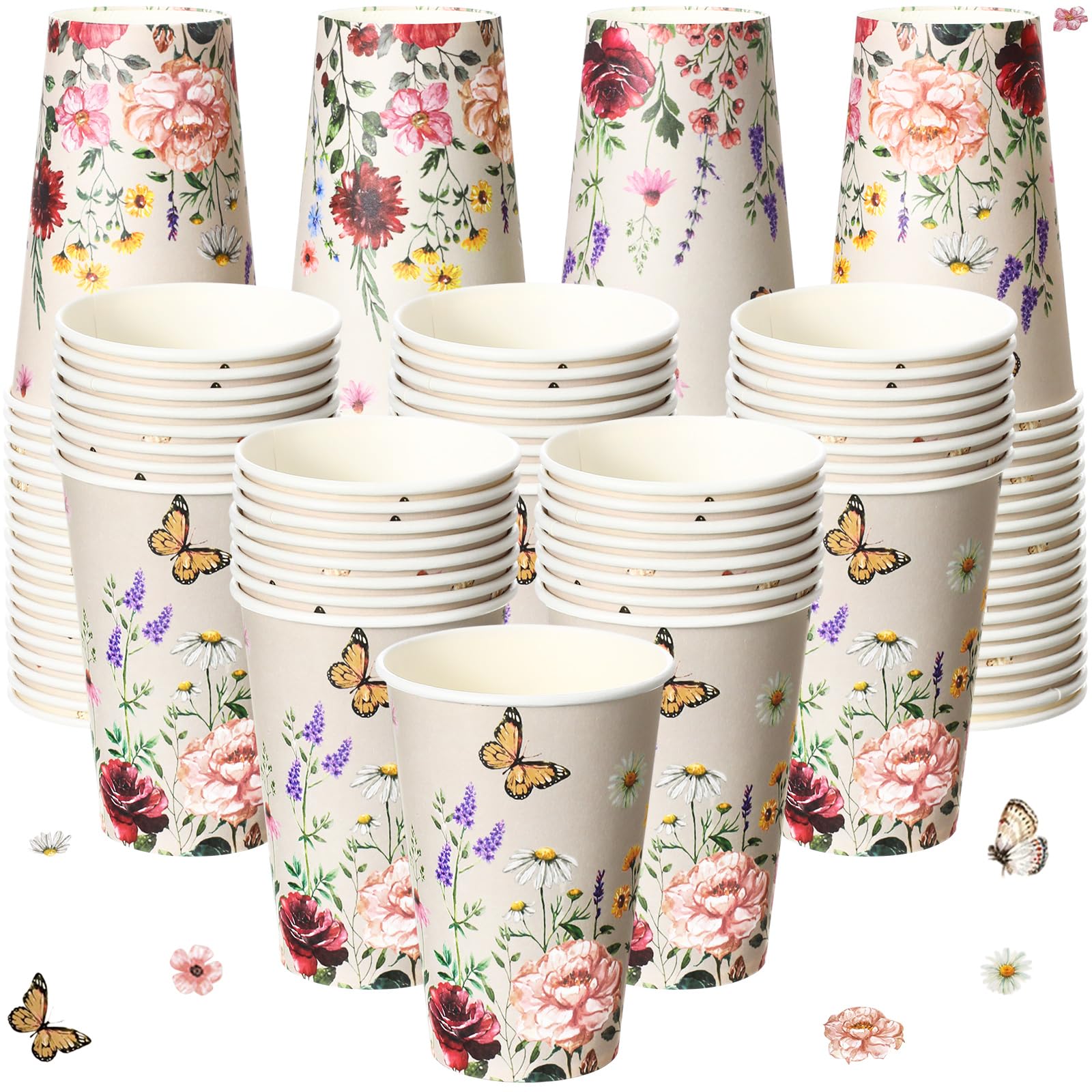 Tioncy 50 Pcs Spring Floral Butterfly 12 oz Disposable Paper Coffee Cups Flower Drink Cup for Coffee, Water, Juice, Espresso, Hot and Cold Drinks,