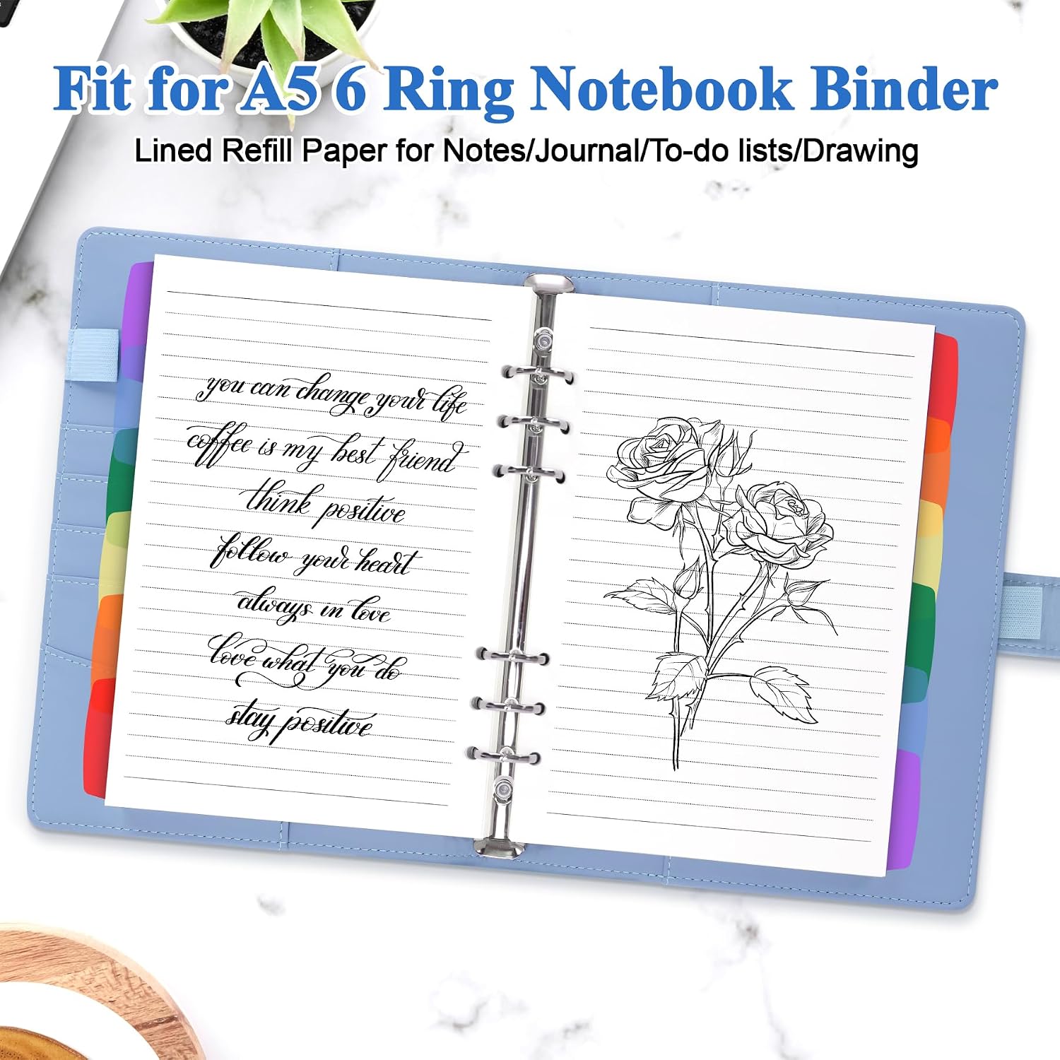 A5 Lined Refill Paper 6 Hole Planner Inserts for A5 6 Ring Binder, 135 Sheets Wide Ruled Lined Filler Paper Loose Leaf Refills with 12PCS Binder Dividers for Refillable Notebook, Bullet Journal
