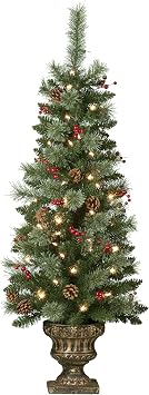 Haute Decor 4 Foot Tall Pre-lit Carolina Potted Christmas Tree for Front Porch with 80 Soft White LED Lights on Auto Timer, Berries, Real Pinecones and Sturdy Planter - Small Potted Christmas Tree