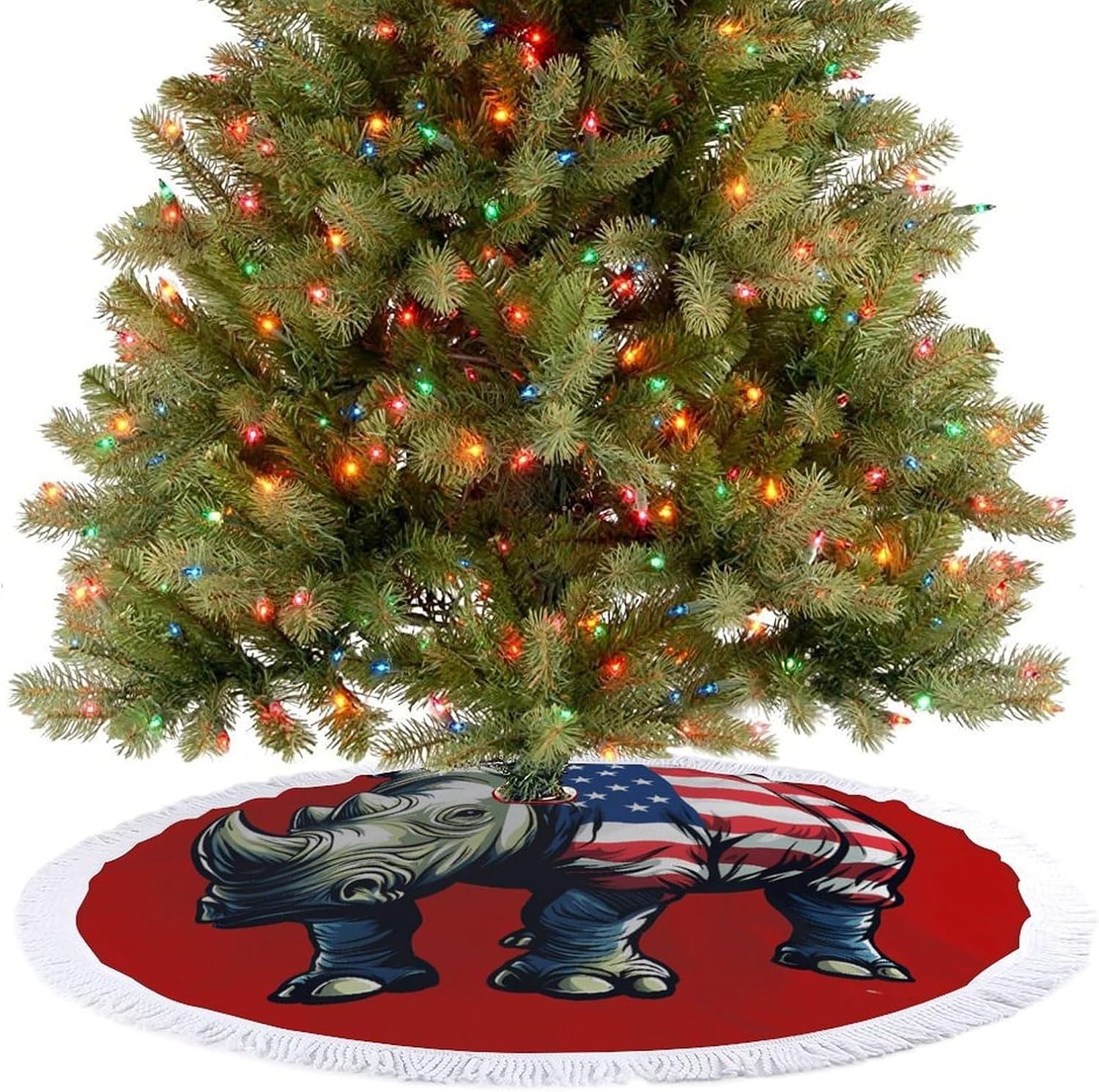 Rhinoceros 4th of July Rhino Christmas Tree Skirt Round Xmas Tree Mat Ornaments Tree Skirts with Tassels for Holiday Party