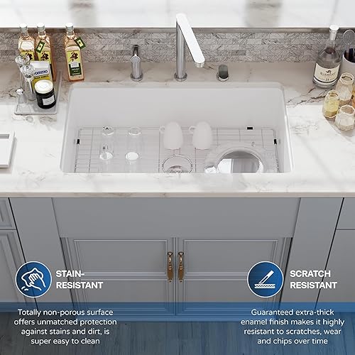 Miniatura 2 de Fregadero de cocina de 32 piezas para montaje bajo encimera y empotrado, 32 x 19 pulgadas, fregadero de cerámica de porcelana blanca, accesorios de