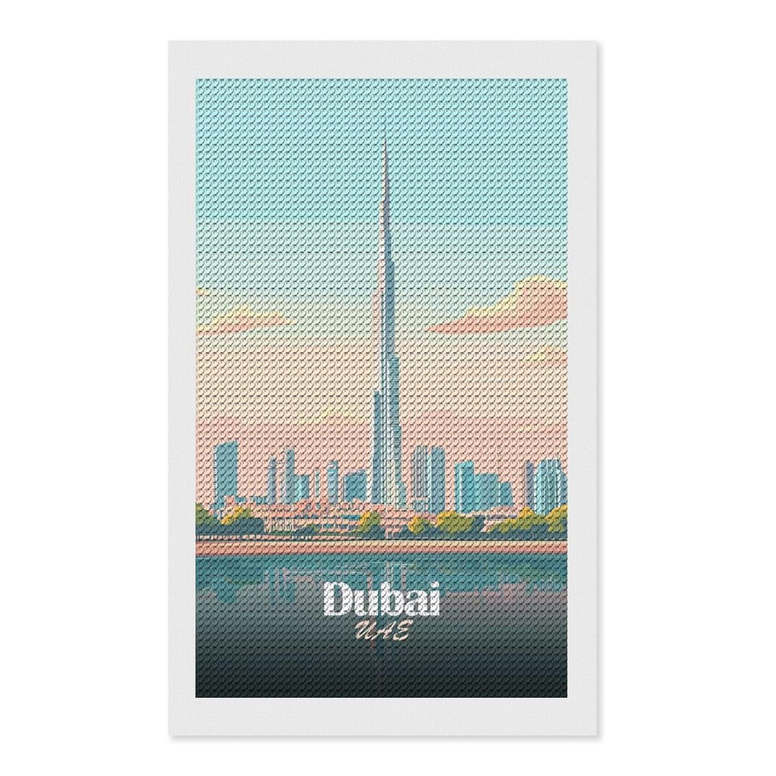 Junmoney Dubai Skyline Vector Illustration DIY Diamond Art Canvas Kit 12"x20", Winter Craft, Mindful Craft Project, Aesthetic Room Decor, Decor Project