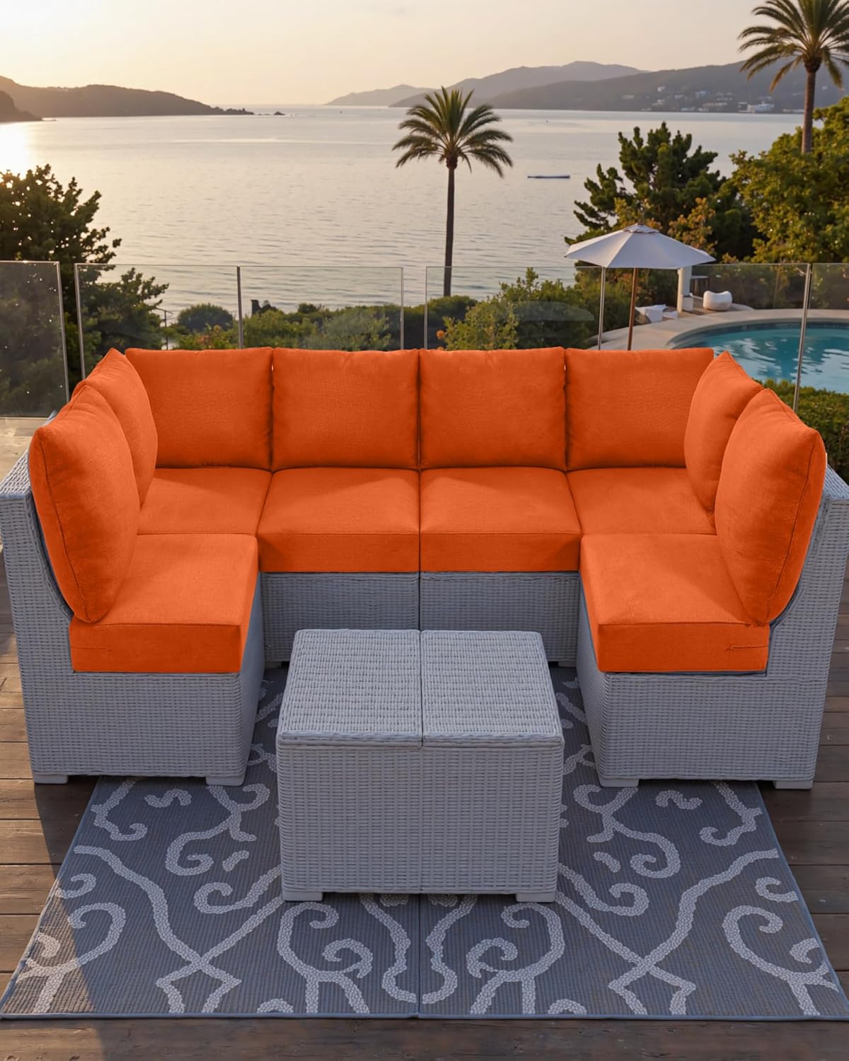 Luxury 24x24x6 Outdoor Seat Cushions for 6-Seat Sectional Sofa Set of 6 - Water-Repellent 14-Piece Patio Cushion Set for Outside Rattan Wicker Loveseat Chair L-Shape Couch - Orange/Classic