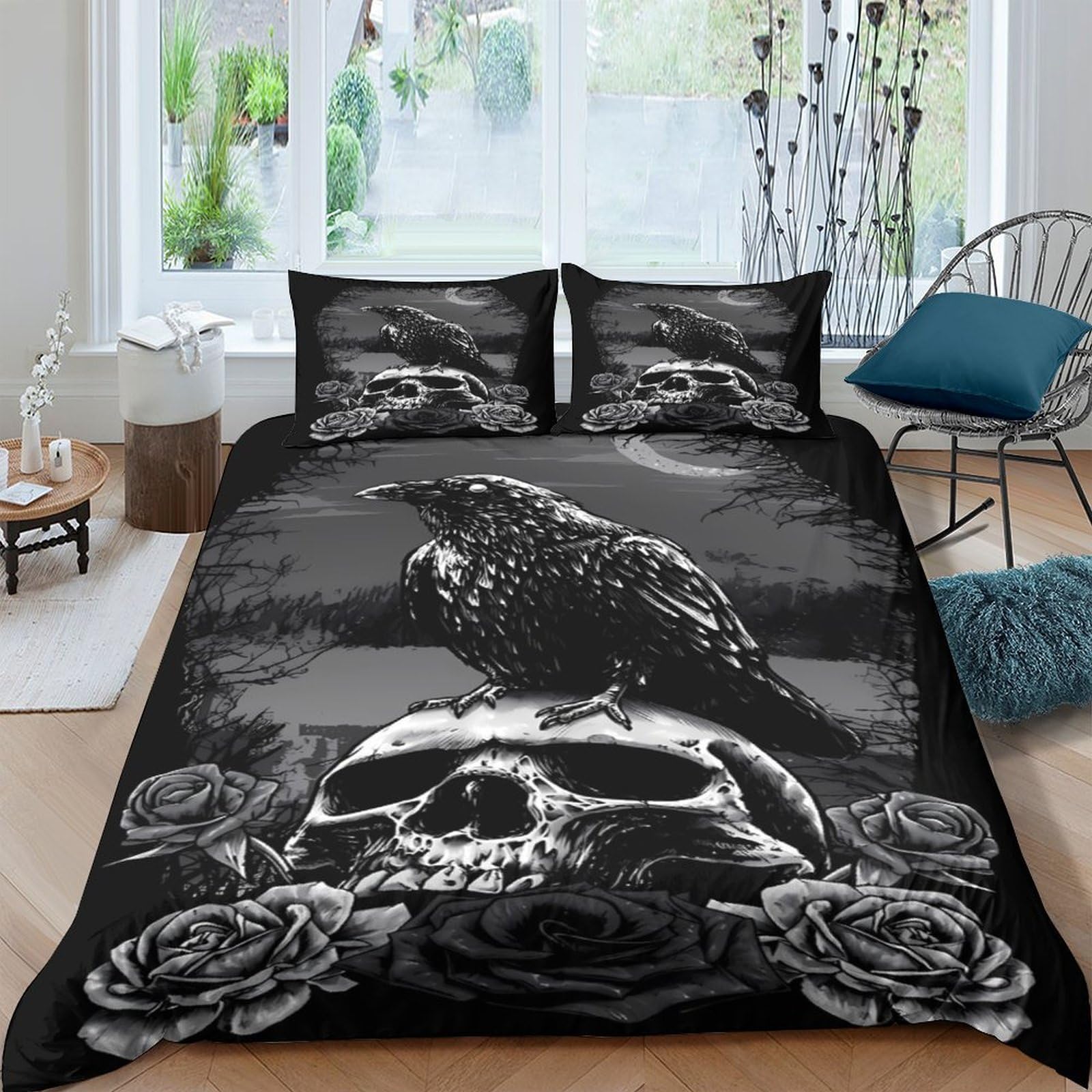 Ctjqhvkz Style-10 3D Printed Gothic Raven Skull Fitted Sheet Microfiber Black Rose Mattress Cover For Bedroom Decor Protection Single（135X200cm）