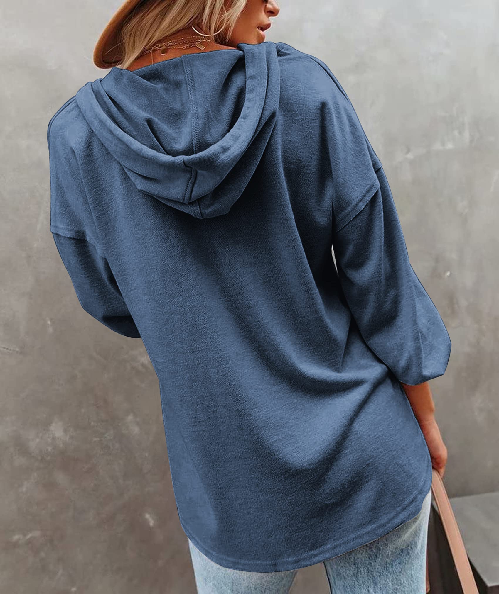 PLOKNRD Hoodie Damen V-Ausschnitt Pullover Kordelzug Dünn Kapuzenpullover | Langarm Knöpfen Henley Tops Sweatshirt Hooded Kapuze Herbst Winter Leicht Freizeit Sport Boho Klassisch Urlaub Party