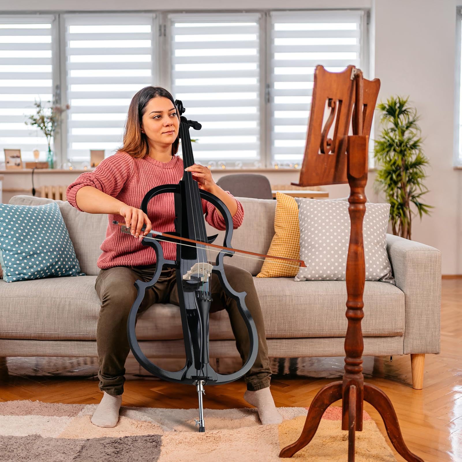 Violoncello elettrico 4/4, in legno massello, silenzioso, per prestazioni professionali sul palco, include custodia, arco, colofonia, auricolare e linea di collegamento