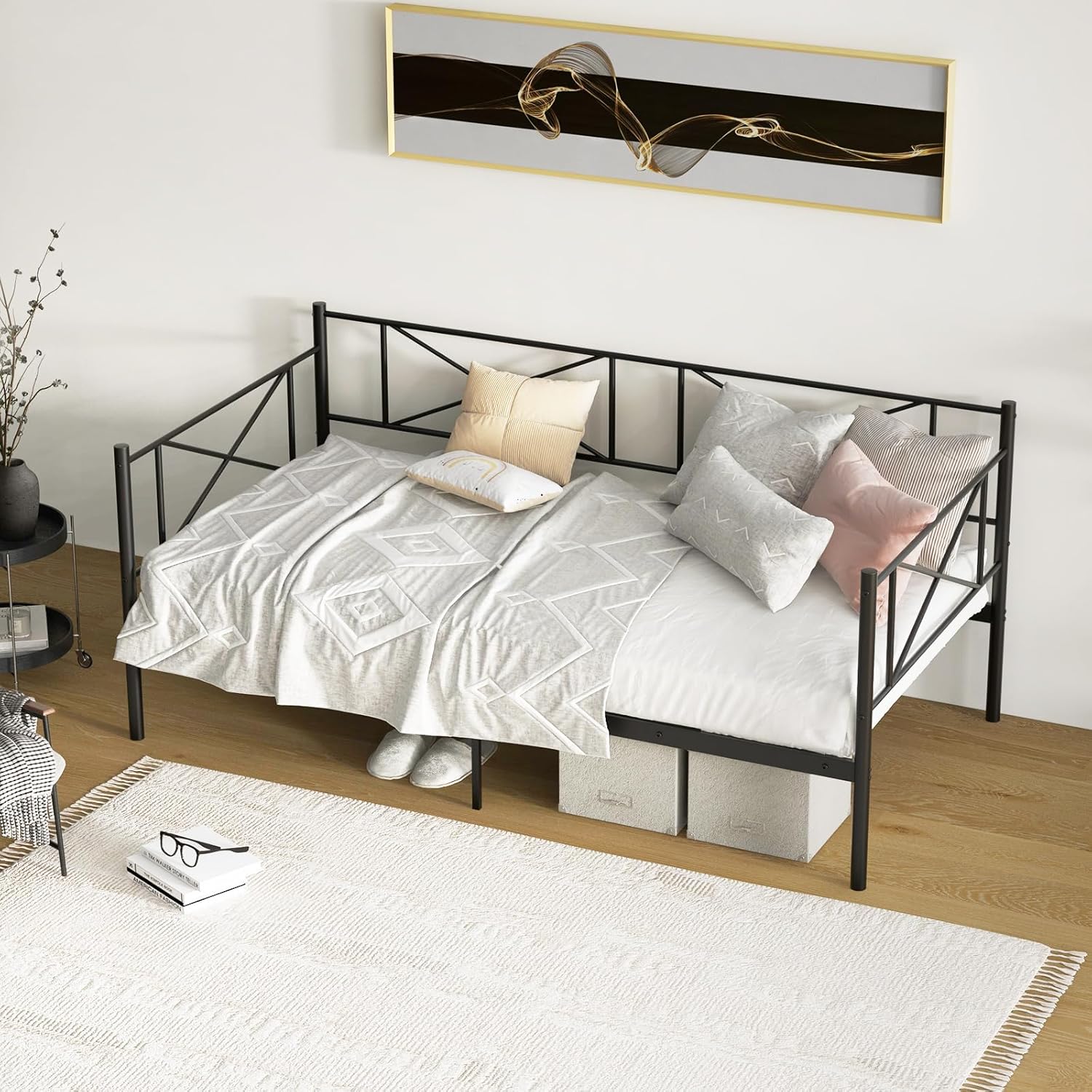 KOMFOTT Twin Size Metal Daybed Frame, Modern 2-in-1 Sofa Daybed with Heavy-Duty Metal Slats & Under-Bed Storage, No Box-Spring Needed Mattress Foundation, Ideal for Living Room, Guest Room (Black)