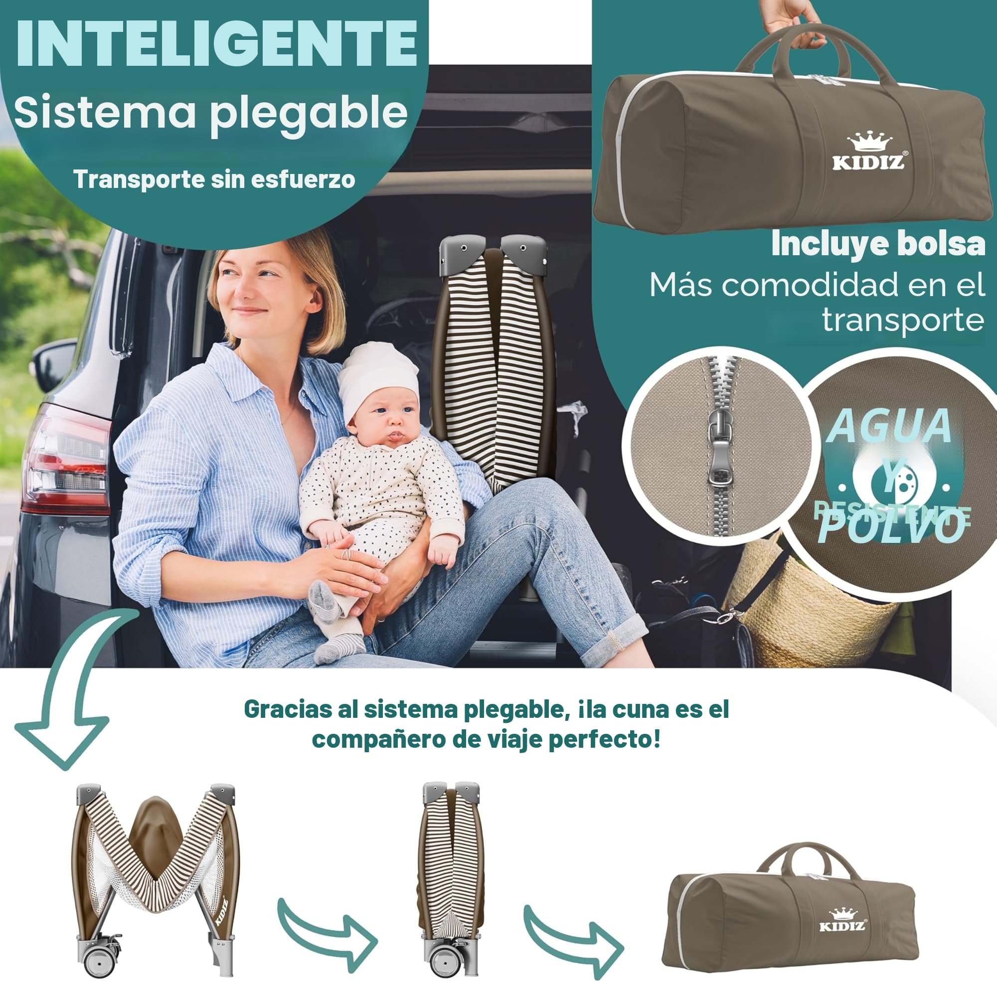 KIDIZ® Cuna de bebé 3 en 1 Cama de Viaje, Combi Set, Cama de bebé con Cambiador, mosquitero Corral de Juego, marrón