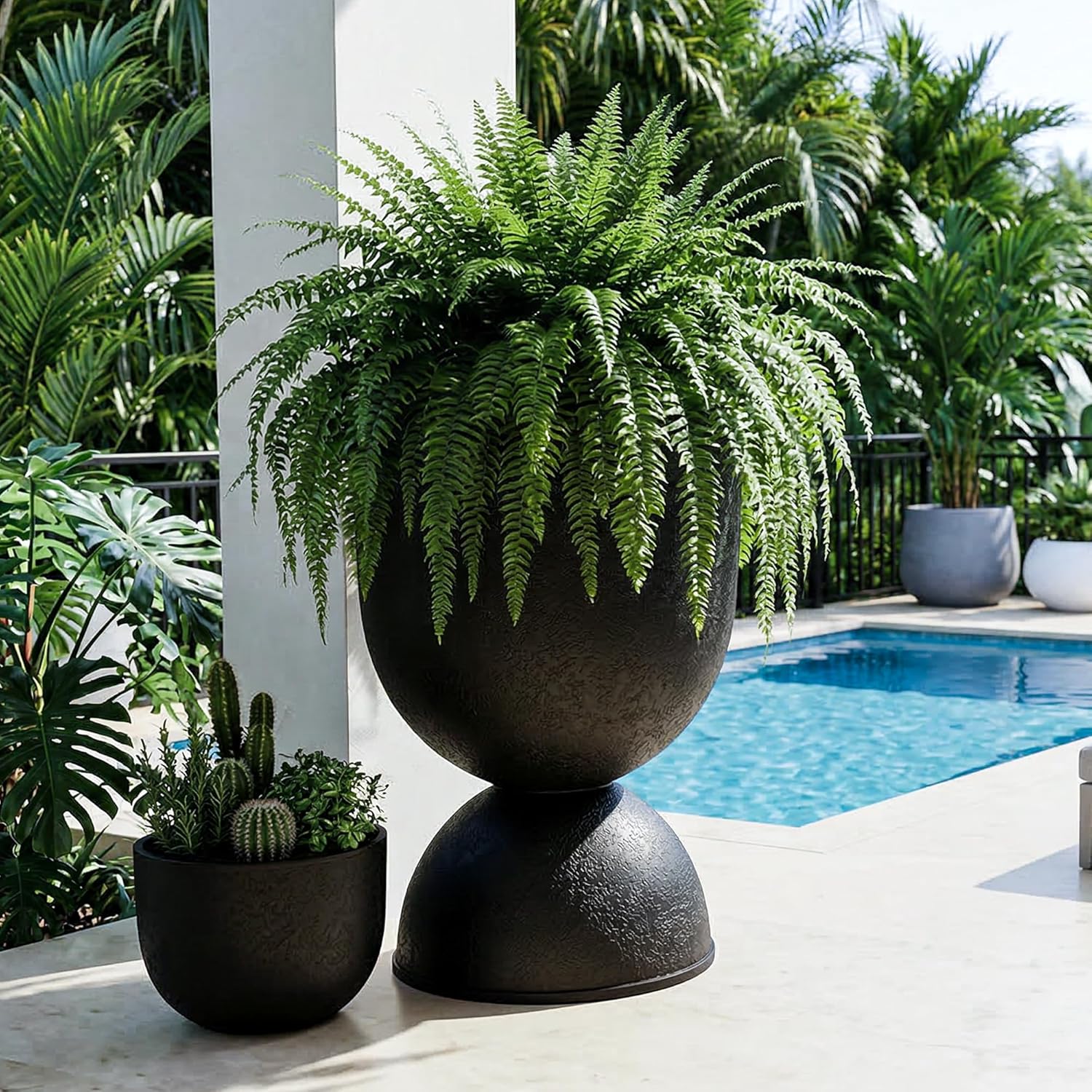 KOL Planters Flower Pots, Large Plastic Urn Planters for Indoor Outdoor Plants, Black Pedestal Planter Pots, 23 Inch Tall Decorative Planters with Drainage Holes & Plugs for Front Porch Patio Garden