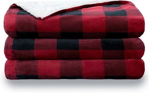 Miniatura 7 de NANPIPER Manta Sherpa tamaño Queen, cálida y mullida a cuadros, manta de forro polar suave para sofá, cuadros rojos y negros, 90 x 90 pulgadas