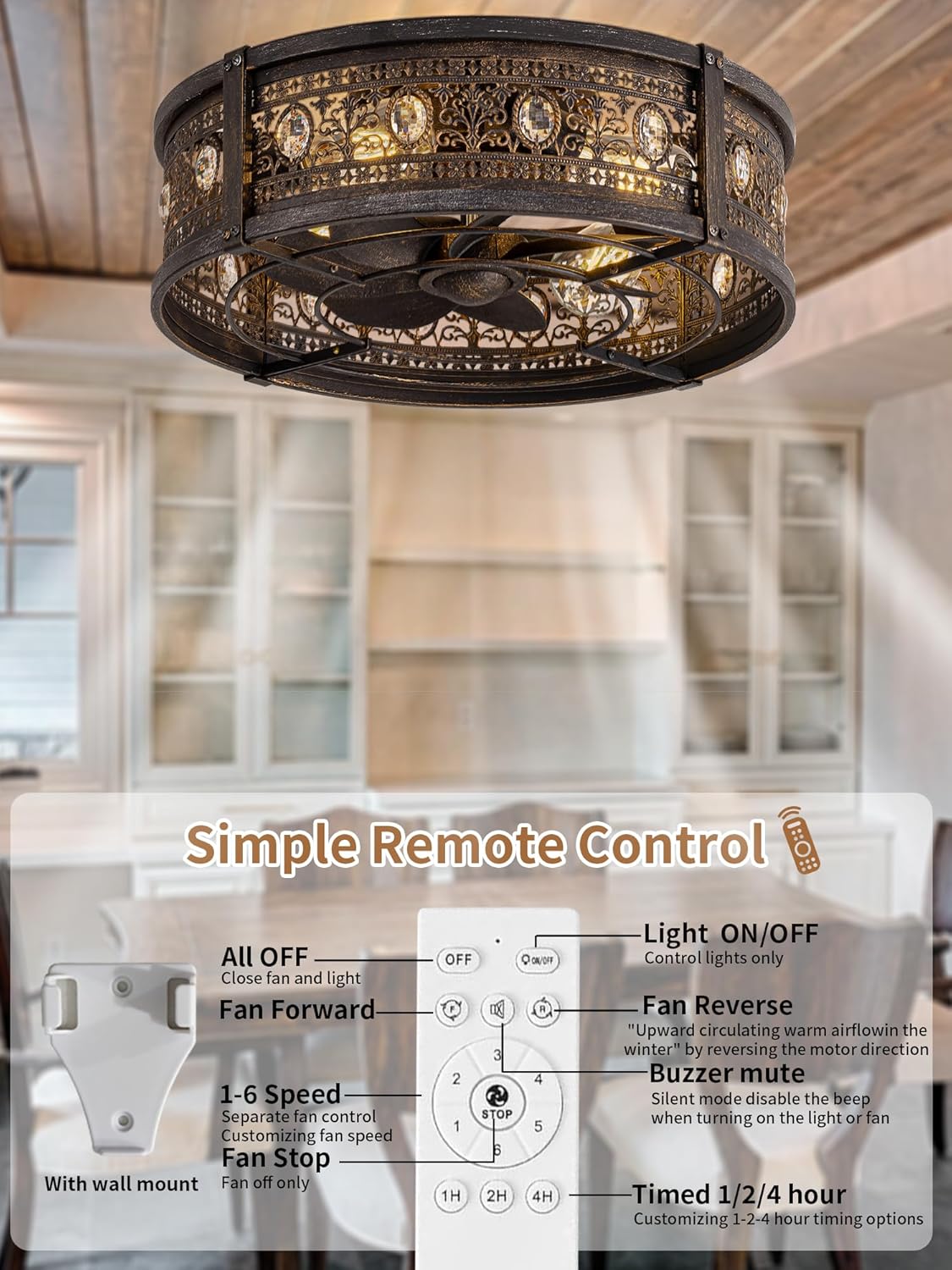 Vintage Caged Ceiling Fans with Lights and Remote,Victorian Hand-Antiqued Rustic Crystal Fandelier,Low Profile Flush Mount,Enclosed Bladeless Ceiling Fan with Light for Bedroom,Kitchen,Hallway(Black)