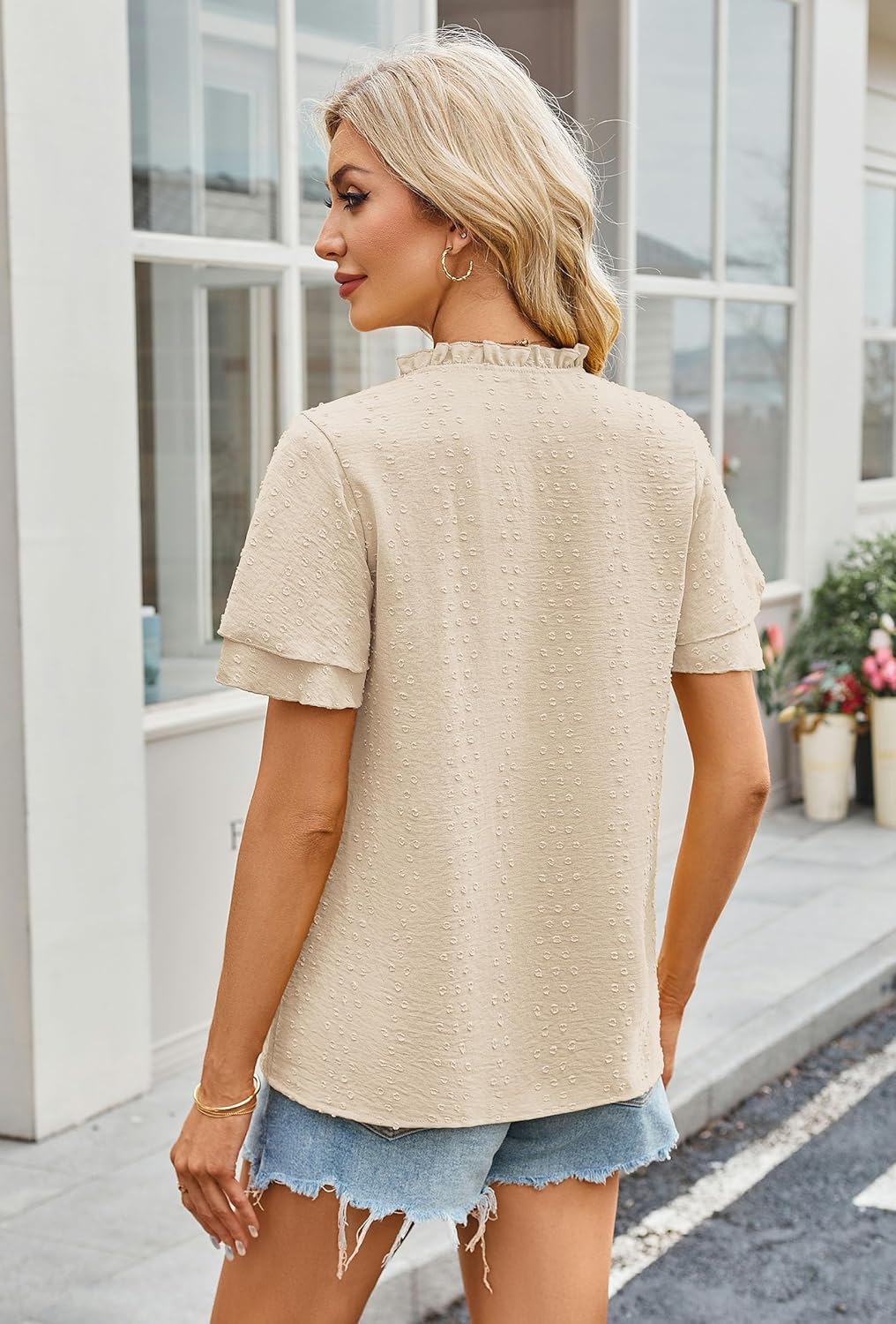 Halife Womens Summer Boho Tops V Neck Ruffle Short Sleeve Blouses Dressy Casual Lace Edges Swiss Dot Flowy Shirts