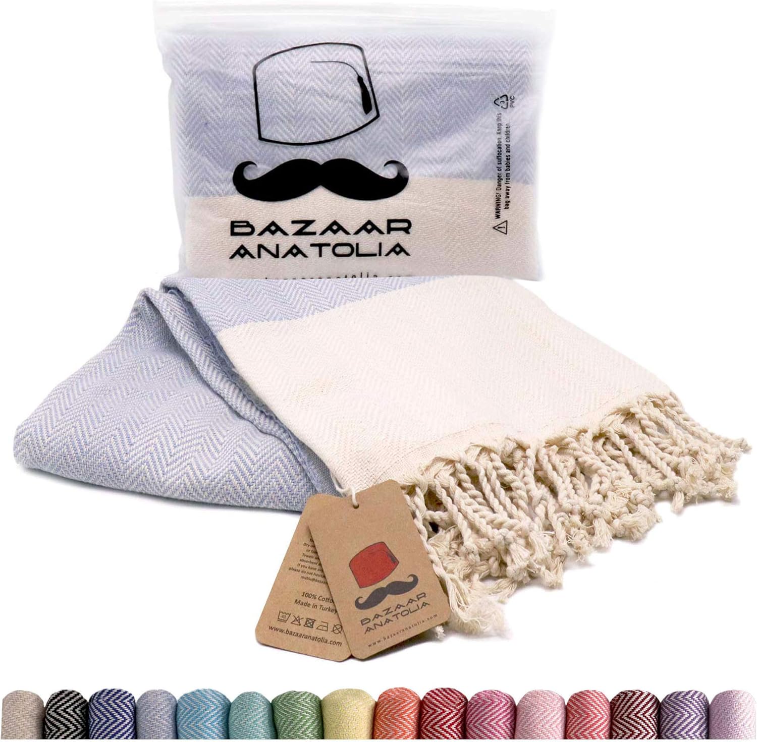 Bazaar Anatolia Herringbone Turkish Towel 100% Cotton Peshtemal Bath Towel 77x38 Thin Lightweight Travel Camping Bath Sauna Beach Gym Pool Blanket Fouta Quick Dry Towels (Blue)