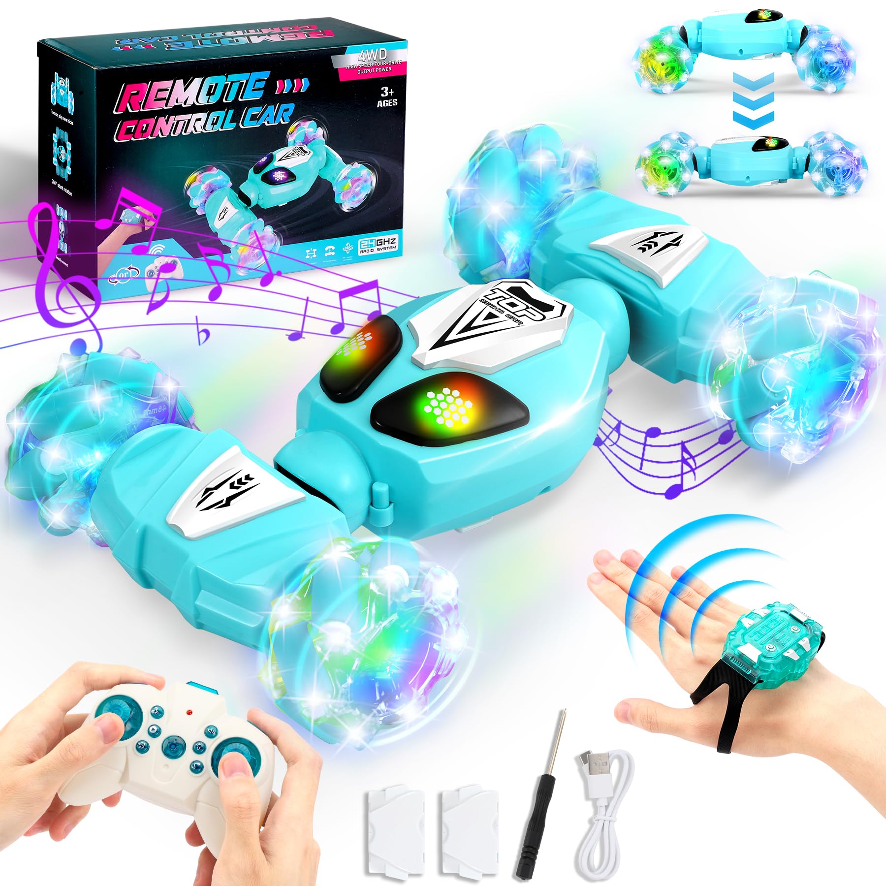 Ophy Coche Teledirigido, 2.4GHz 4WD Control Remoto Coche Control de Gestos, RC Drift Car Rotación de 360°con Luz y Música, Regalo para Niños y Niñas de 6 7 8 9 10 11 12 Años