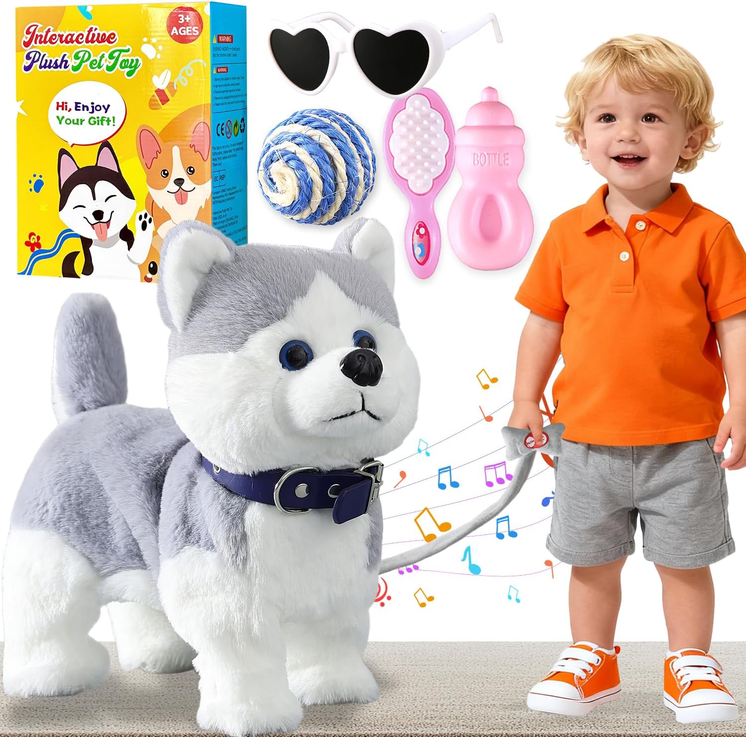 HCdoujoy Husky Walking Dog Barking Toy, Musical Singing Dancing Volume Control Interactive Puppy Walk Along with Leash, Wagging Tail Shaking Head, Robot Plush Stuffed Animal Puppy for Kid
