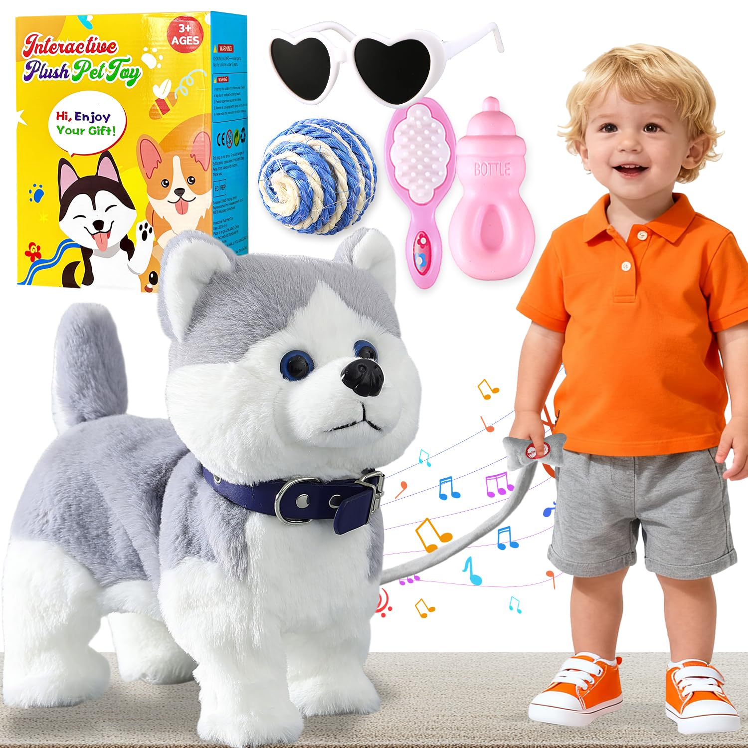 Husky Walking Dog Barking Toy, Musical Singing Dancing Volume Control Interactive Puppy Walk Along with Leash, Wagging Tail Shaking Head, Robot Plush Stuffed Animal Puppy for Kid