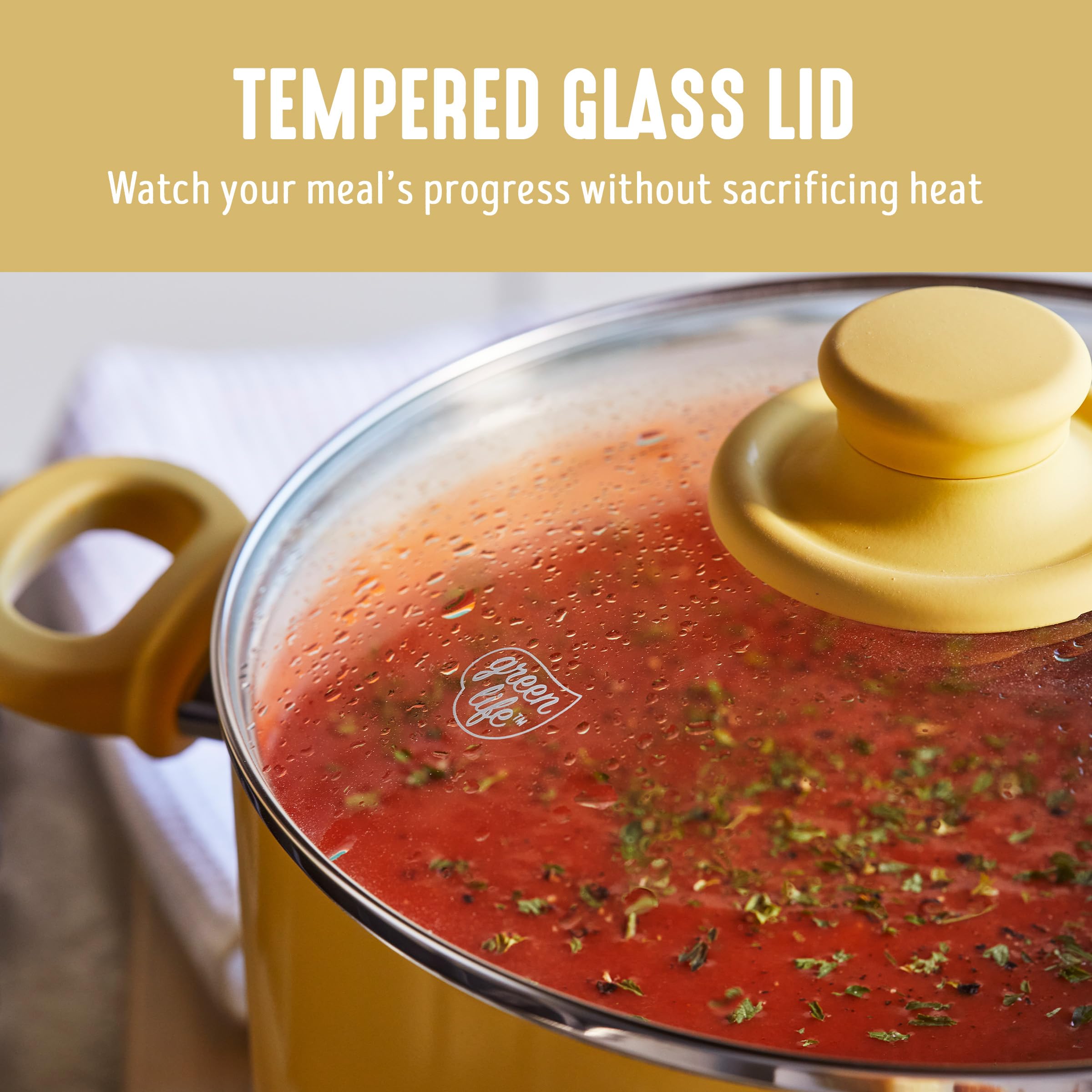 GreenLife 16 Piece Nonstick Cookware Set, Soft Grip Non-Toxic PFAS-Free Ceramic Pots & Pans, Dishwasher & Oven Safe, Frying, Sauce, Saute, Utensils, Glass Lids, Stay-Cool Handles, Wobble Free, Yellow: 16 Piece Cookware Set Yellow