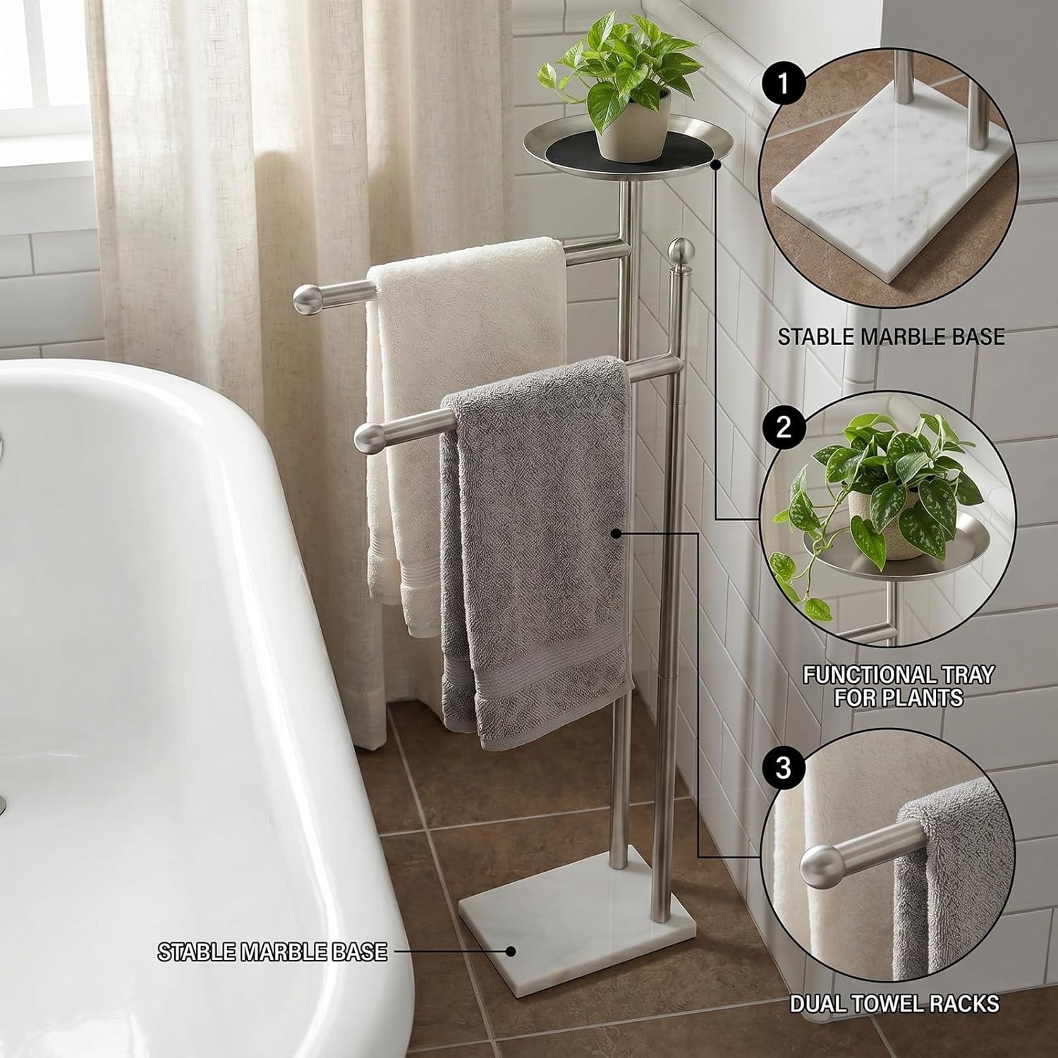 Songtec Bath Towel Rack Stand for Bathroom, 2-Tier Towel Holder Stand for Bath Towels Max to 68” & 60” Long, Practical Shelf on Top for Phone, Shampoo, Body Wash