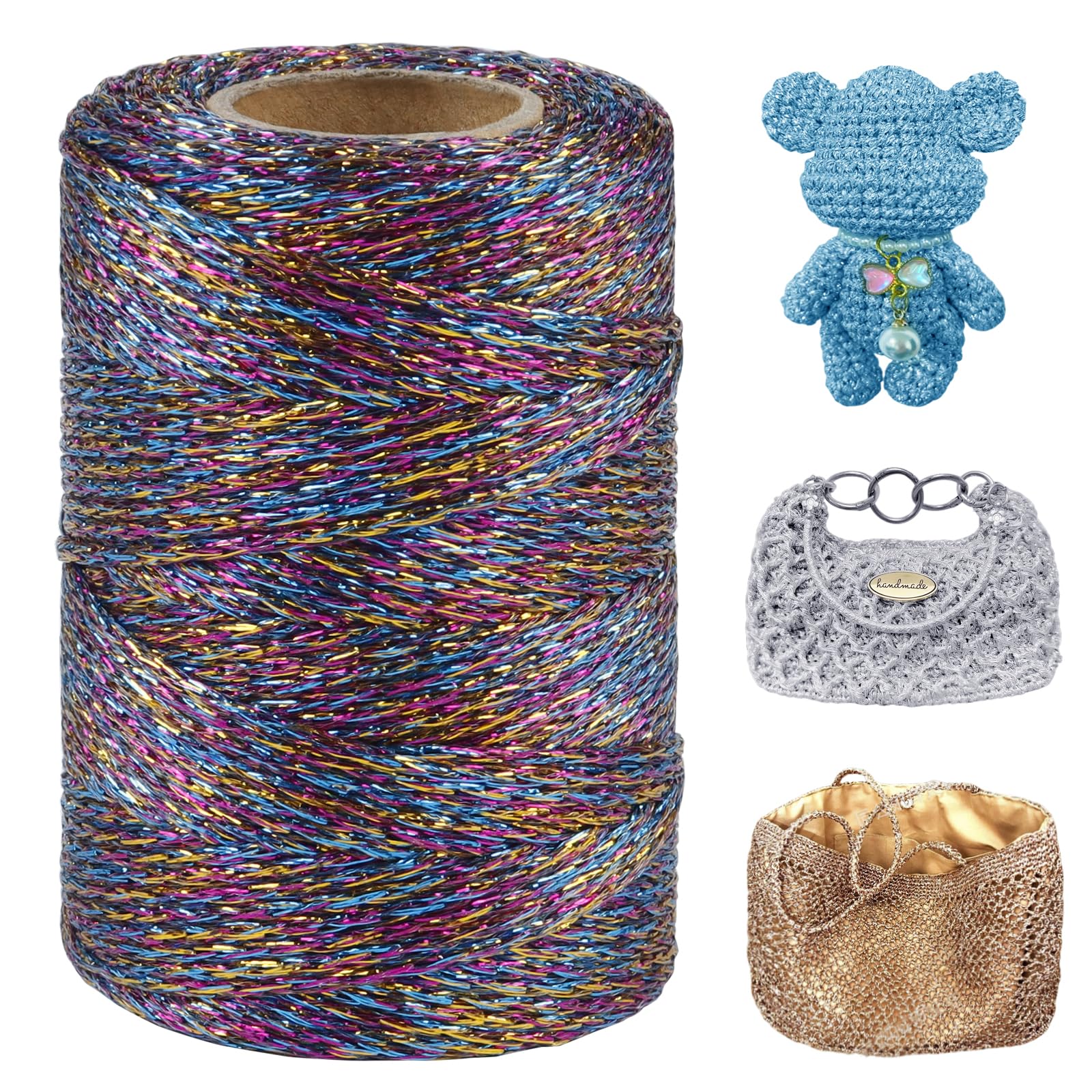 LEREATI Metallic Glitter Yarn 3mm x 109 Yards Polyester Macrame Cord Sparkle Crochet Yarn for Crocheting and Knitting Handbag, Hat, Basket, DIY Crafts (Colorful)