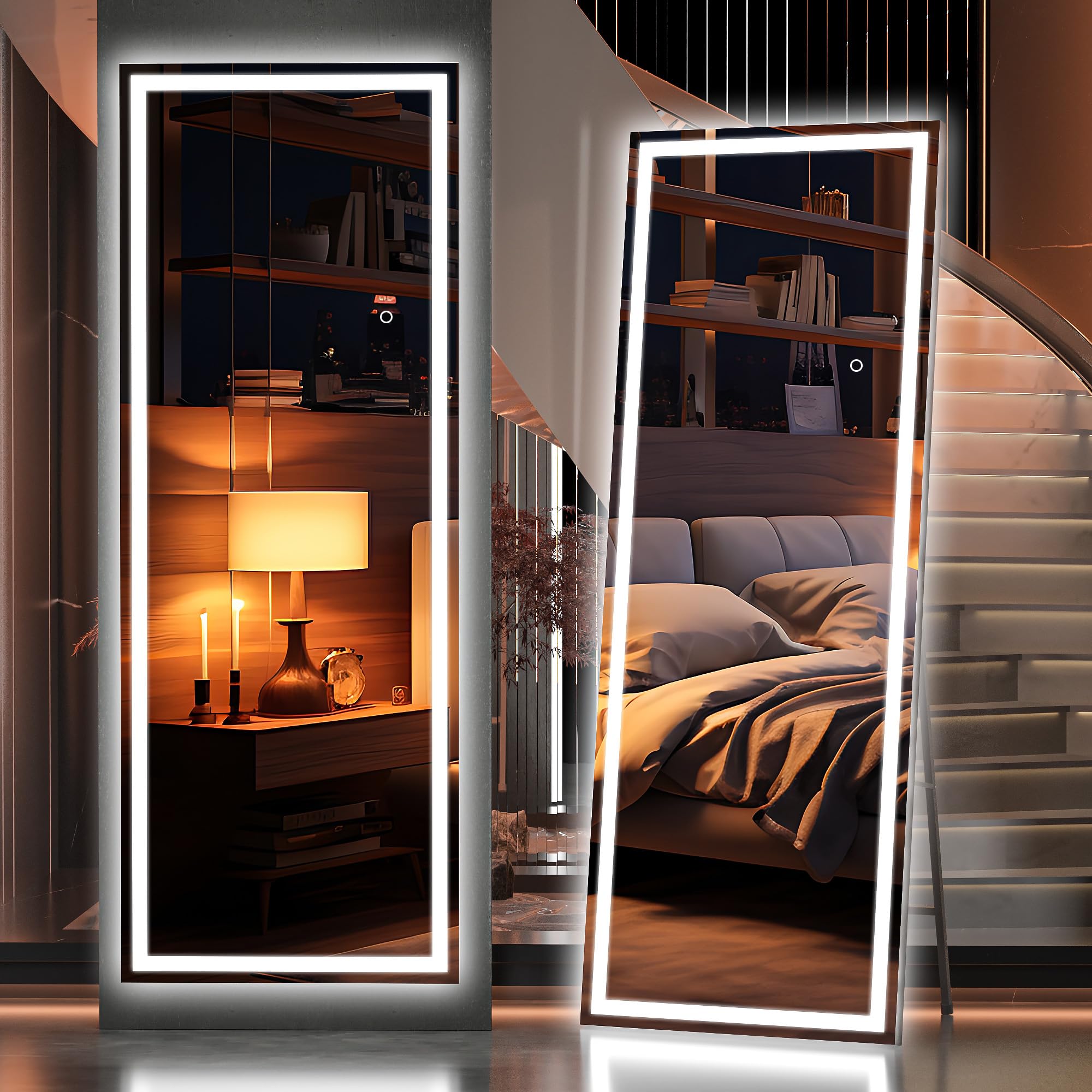 Hasipu Full Length Mirror with Lights, 58" x 18" Tempered Lighted Floor Standing LED Mirror Full Length, Full Body Mirror with Dimming & 3 Color Lighting Square Black