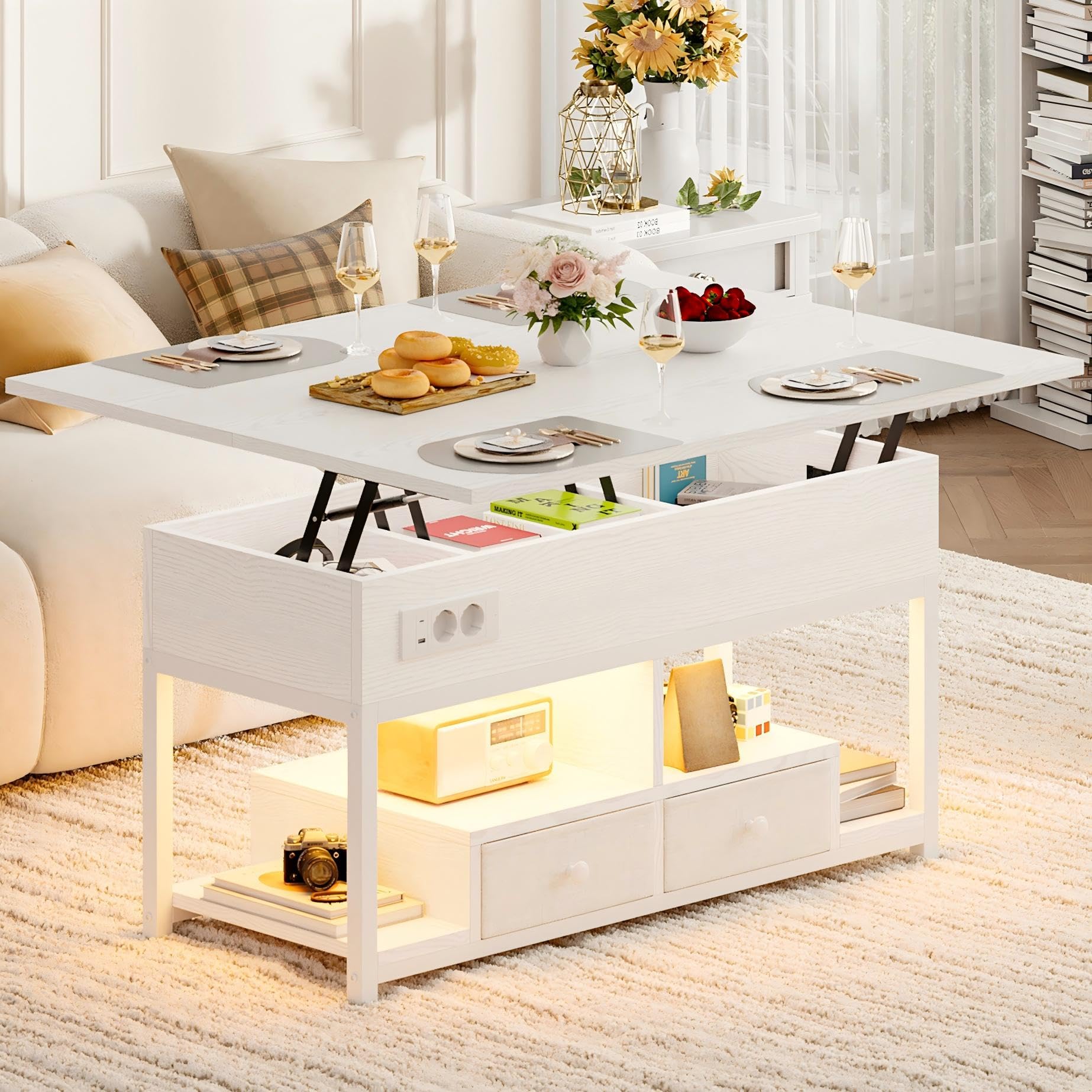 IRONCK Couchtisch Höhenverstellbar, LED Wohnzimmertisch mit Steckdosen