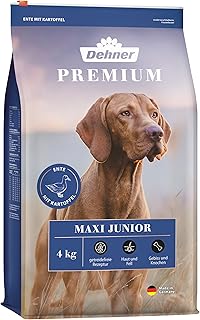 Dehner Premium Hundefutter Maxi Junior, Trockenfutter getreidefrei, für Welpen und junge Hunde großer Rassen, Ente / Lamm / Kartoffel, 4 kg product image