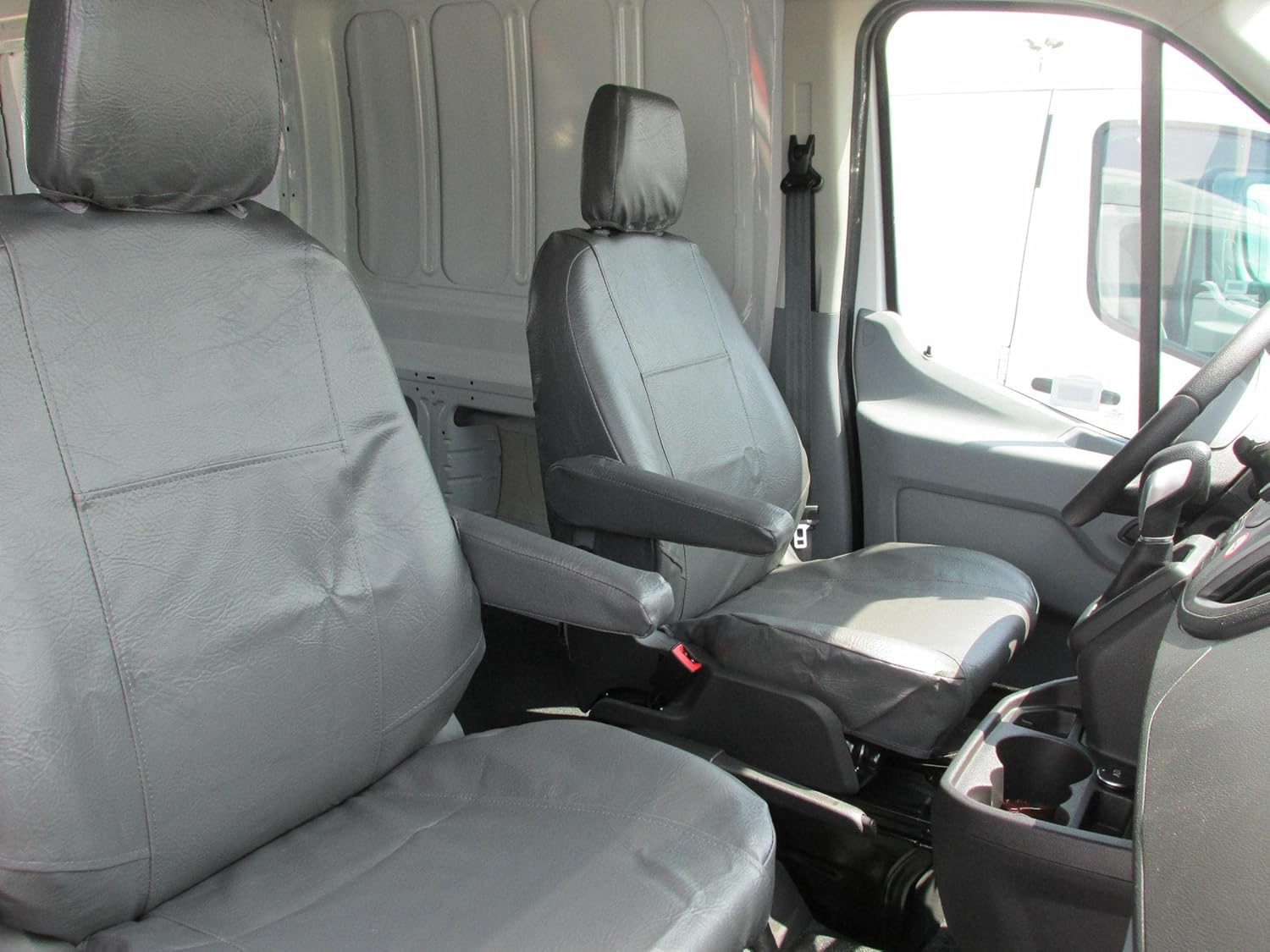 Durafit Seat Covers Made to fit 2014-2021 Ford Transit Front Bucket Seat Covers with Inside armrests and Adjustable headrest. Gray Leatherette.