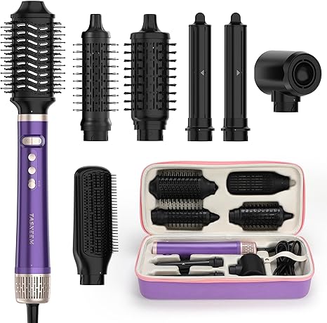 TASNEEM 7 in 1 Hot Air Styler & Rotating Hair Dryer Brush, Powerful Hair Styler with Auto-Wrap Curlers, Ionic Blow Dryer, Straightener & Oval Brush, Without Heat Damage Multi-Styler with Travel Case