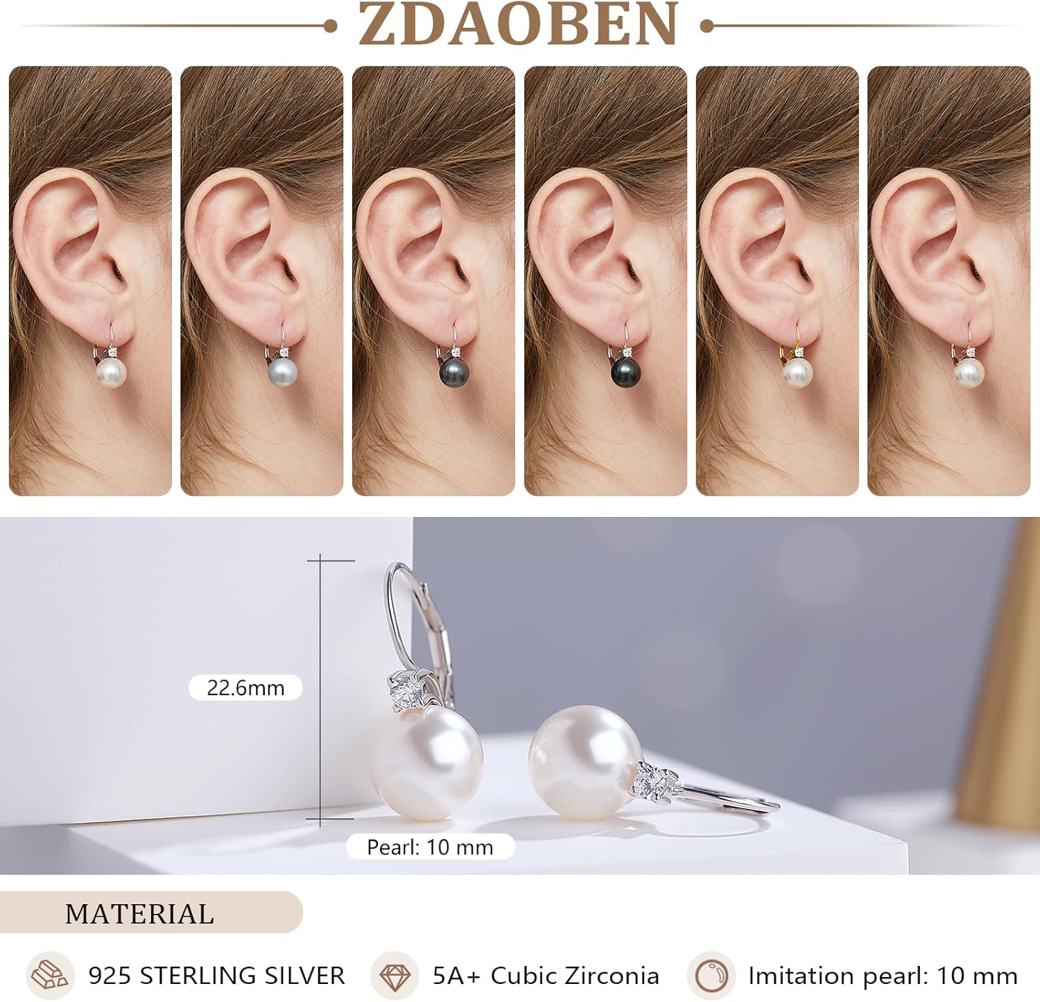 Pearl Leverback Earrings, 925 Sterling Silver Cubic Zirconia Pearl Dangle Earrings for Women 10MM, Pearl Jewelry Gift for Women/Wife/Mother - Image 6