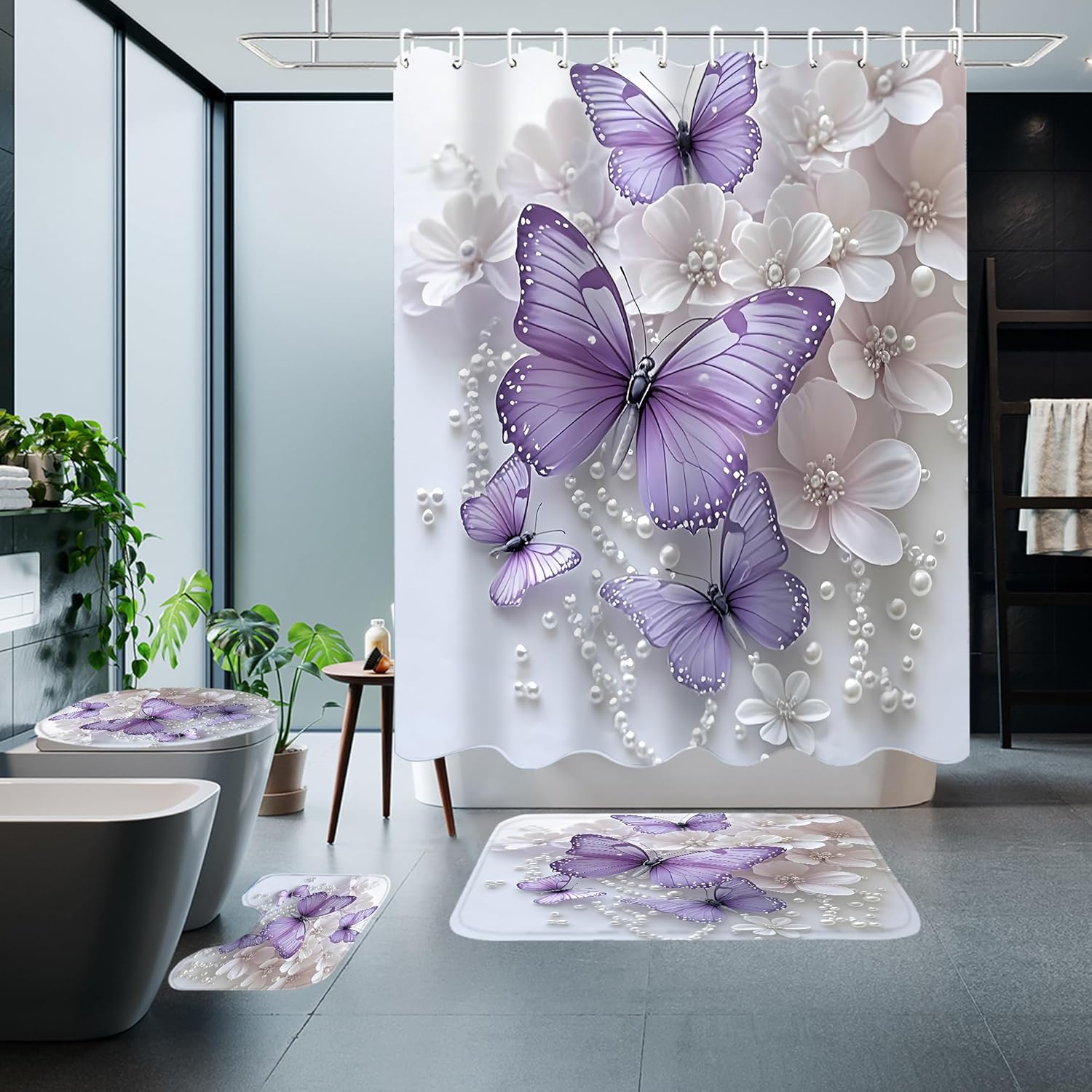 ZLQQ 4Pcs Butterfly Shower Curtain Sets with Rugs Butterfly Pearl Bathroom Set with Non-Slip Rugs Toilet Lid Cover and Bath Mat Vintage Shower Curtain with 12 Hooks, Durable Bathroom Decor Set
