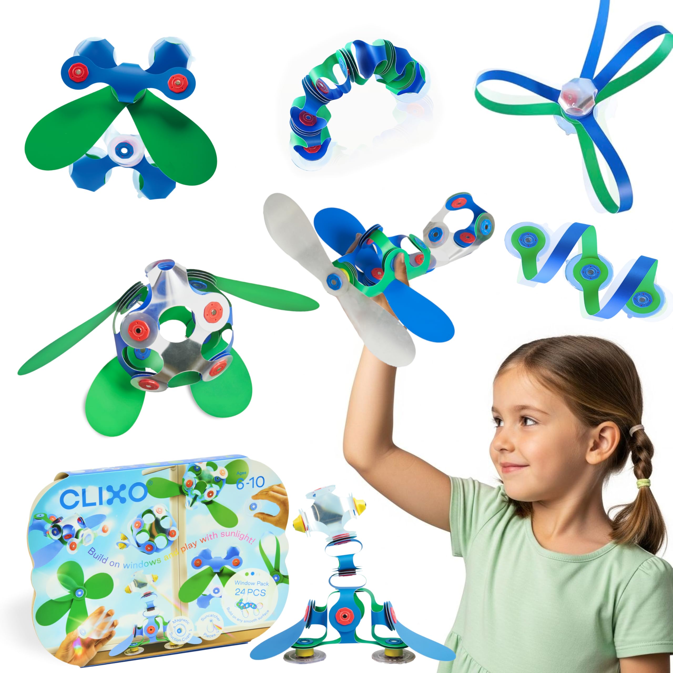 Clixo Window Travel Pack - Fun Magnetic Toy for Kids - 24-Piece Suncatcher Kit with Prisms & Suction Cups for Plane and Car Windows – Portable Rainbow Maker STEM Toy for Creative On the Go Car Playset