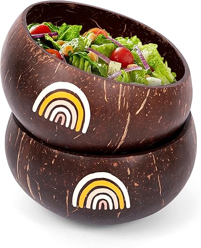 Miniatura 7 de Juego de 2 cuencos de coco  Cuencos de madera con diseño de arco iris con pajitas de bambú, tenedores de madera y 2 cucharas  Cuenco de concha de