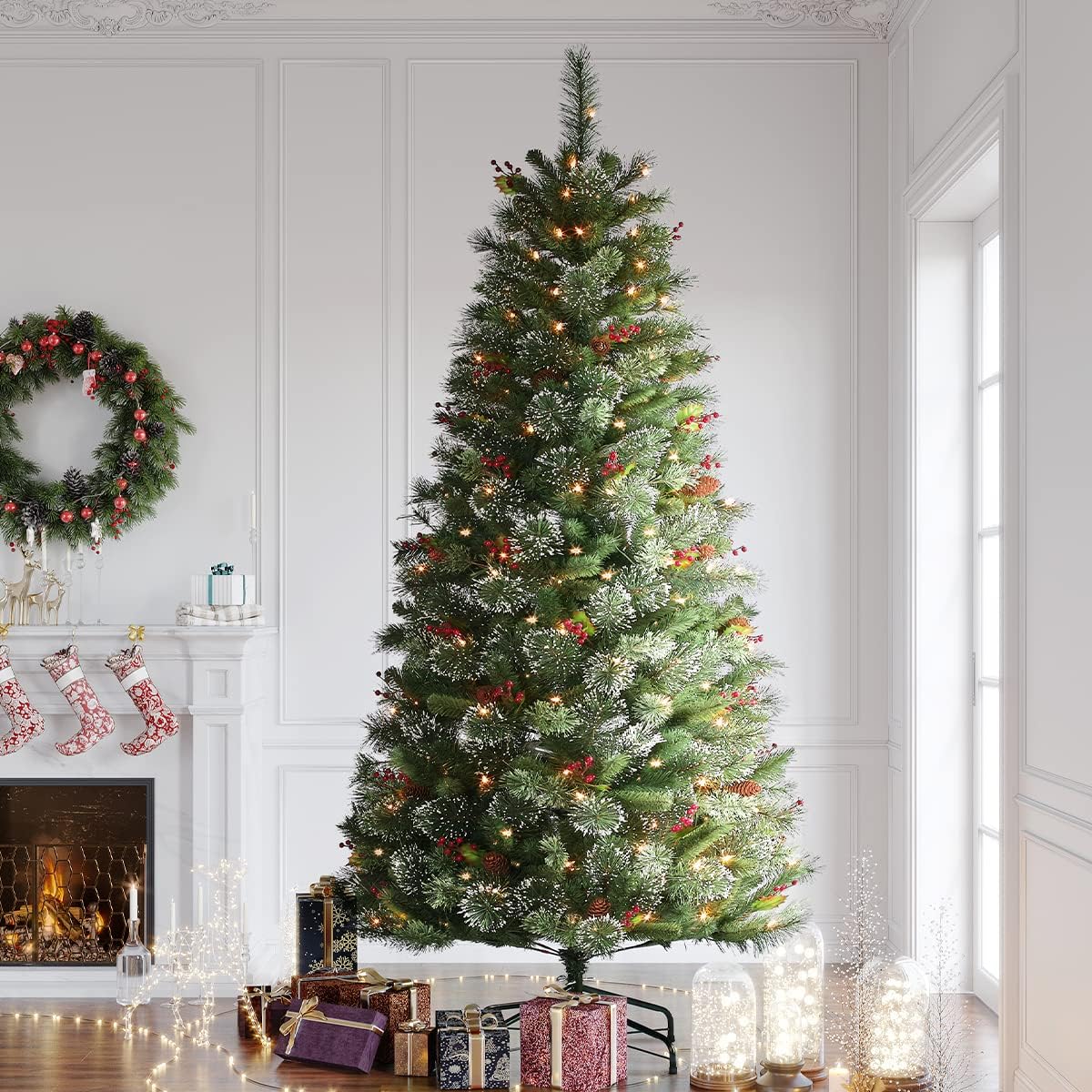 HOMAKER Prelit Flocked Christmas Tree, 9ft Xmas Tree Pre