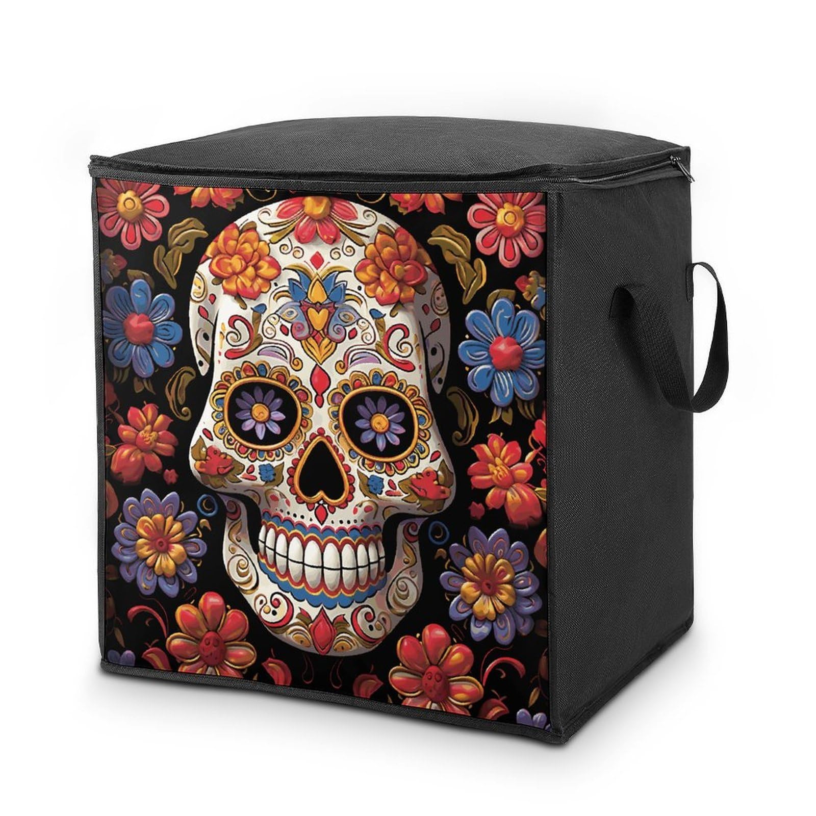 70L Sugar Skulls Storage Bag With Zipper Closet Organizers with Handle for Home Storage Organizer for Blankets Quilts Clothes Comforter Bedding And Pillows