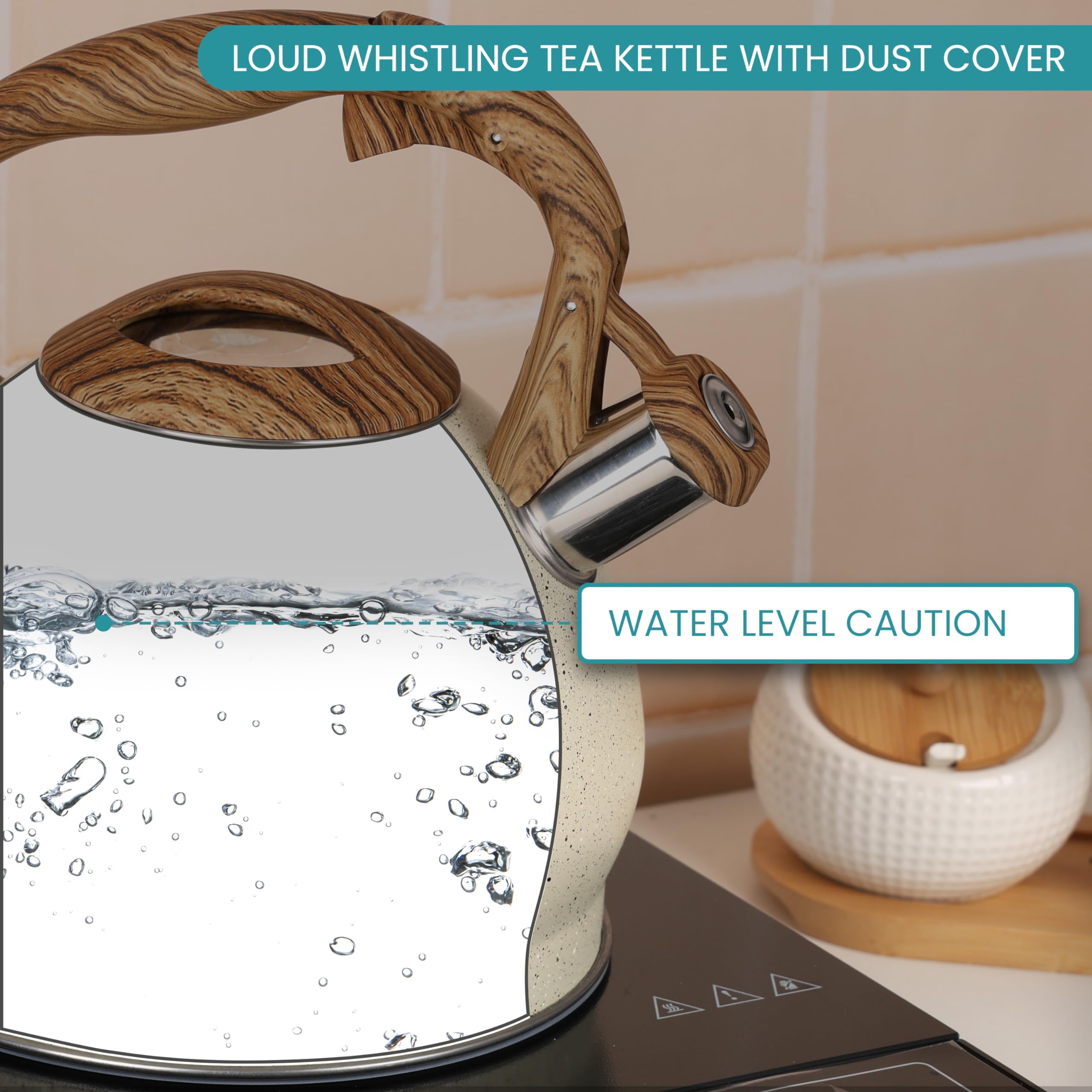 Belle Vous Bollitore Acqua con Fischio - Teiera con Fischietto 3 L - per Fornello a Induzione Gas e Piastra Elettrica - Bollitore Acciaio Inox per Tè e Caffè - Texture Beige