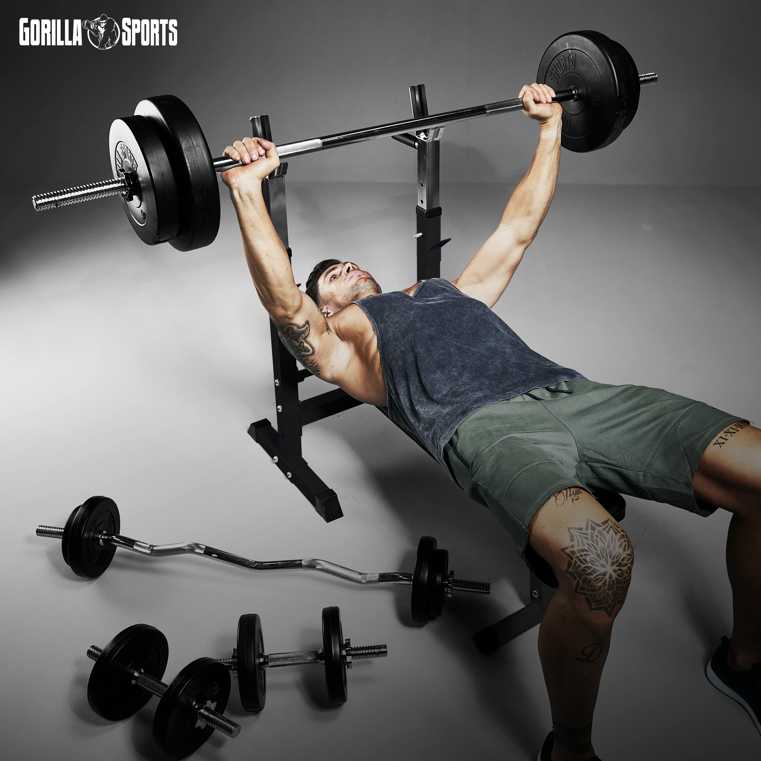 GORILLA SPORTS® Hantelbank mit Hantelset 38/70/100 kg, bis 200 kg, klappbar | Mit höhenverstellbarer Ablage, Dip-Station und 15° Neigung; Trainingsbank, Langhantelset, Drückerbank, Schrägbank, Flachbank