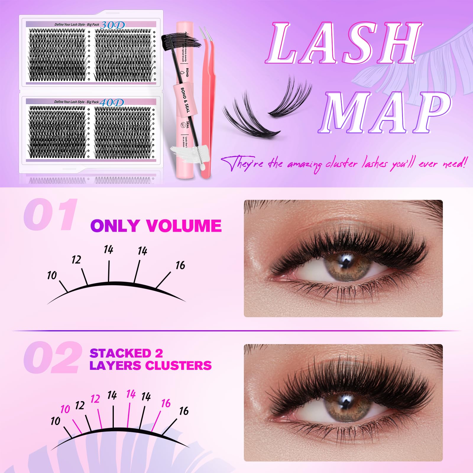 Lash Clusters Kit Wispy Lash Clusters 30D+40D Eyelash Clusters DIY Individual Lashes Clusters Kit 800pcs 8-16mm Self Adhesive Eyelashes Kit Thin Band Lash Bond and Seal Tweezers