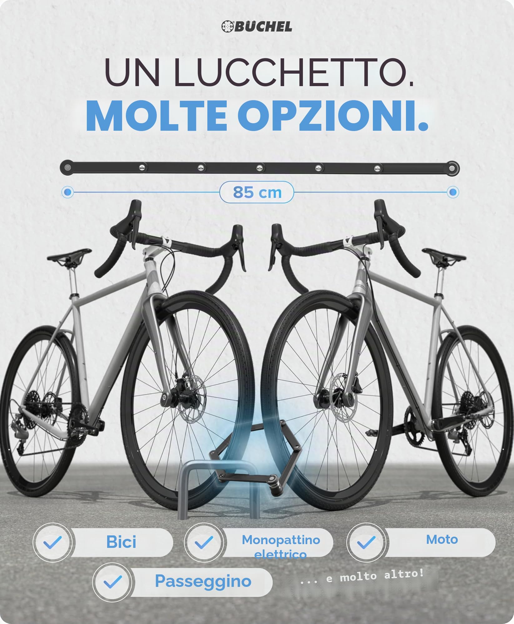 BÜCHEL Sekura Lucchetto Bici 85 cm – Catena Antifurto in Acciaio Temperato per E-Bike, Moto, Bicicletta con Supporto e 3 Chiavi