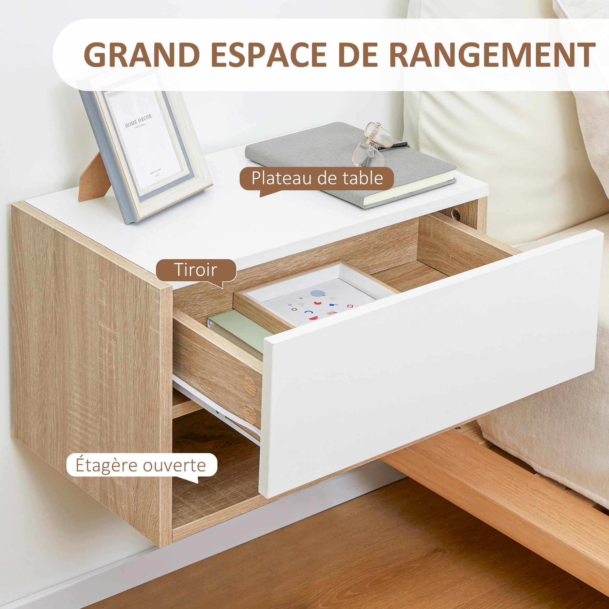 HOMCOM Lot de 2 Tables de Chevet Suspendues Tiroir Coulissant Chêne Blanc