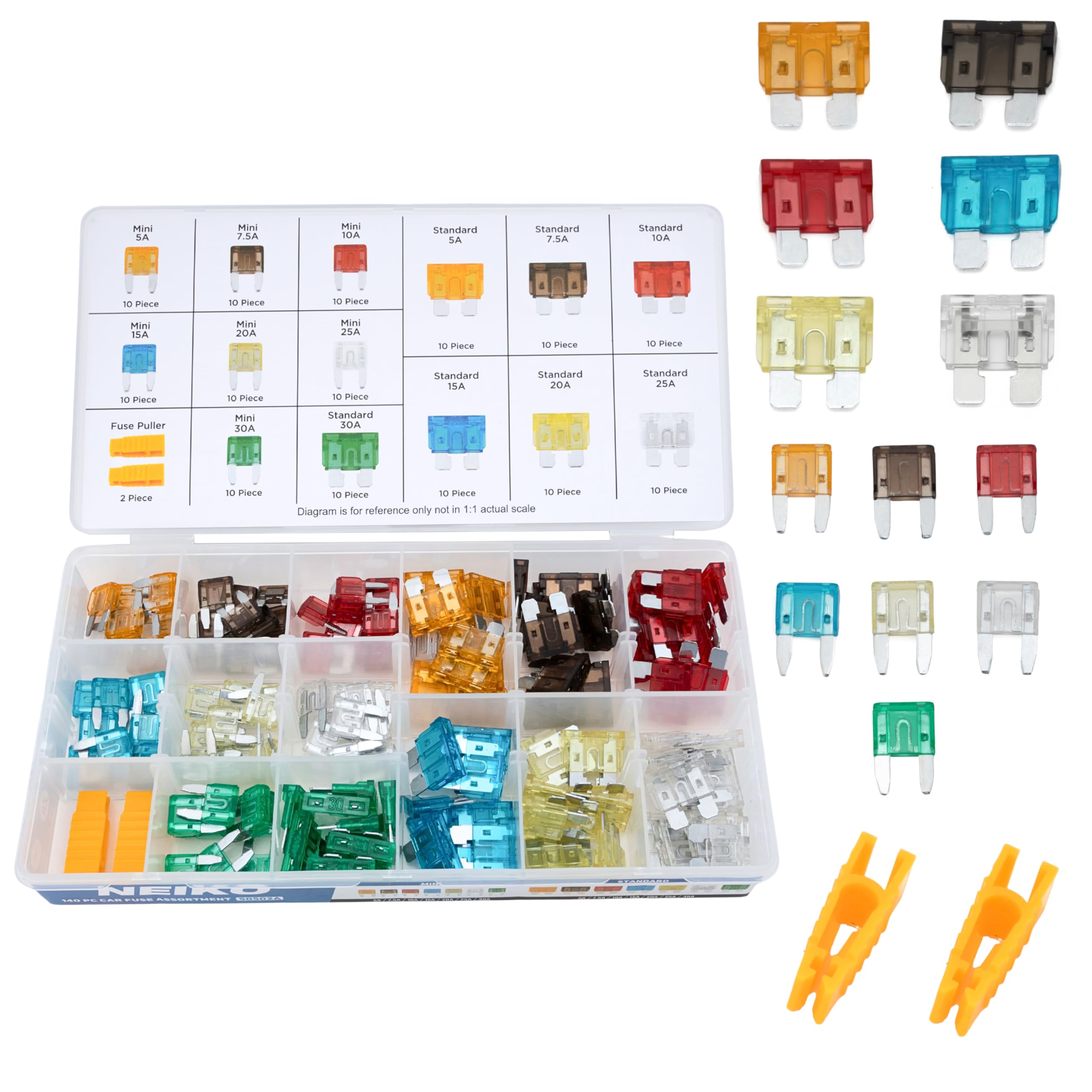 NEIKO 50502A Car Fuses Assortment Set, 140pc, Fast Acting, Auto Fuses Kit, Standard and Mini Sizes, 5A, 7.5A, 10A, 15A, 20A, 25A, and 30 Amp, Marine Boat, Automotive, RV, Car Fuse Kit, Fuse Puller-image-4